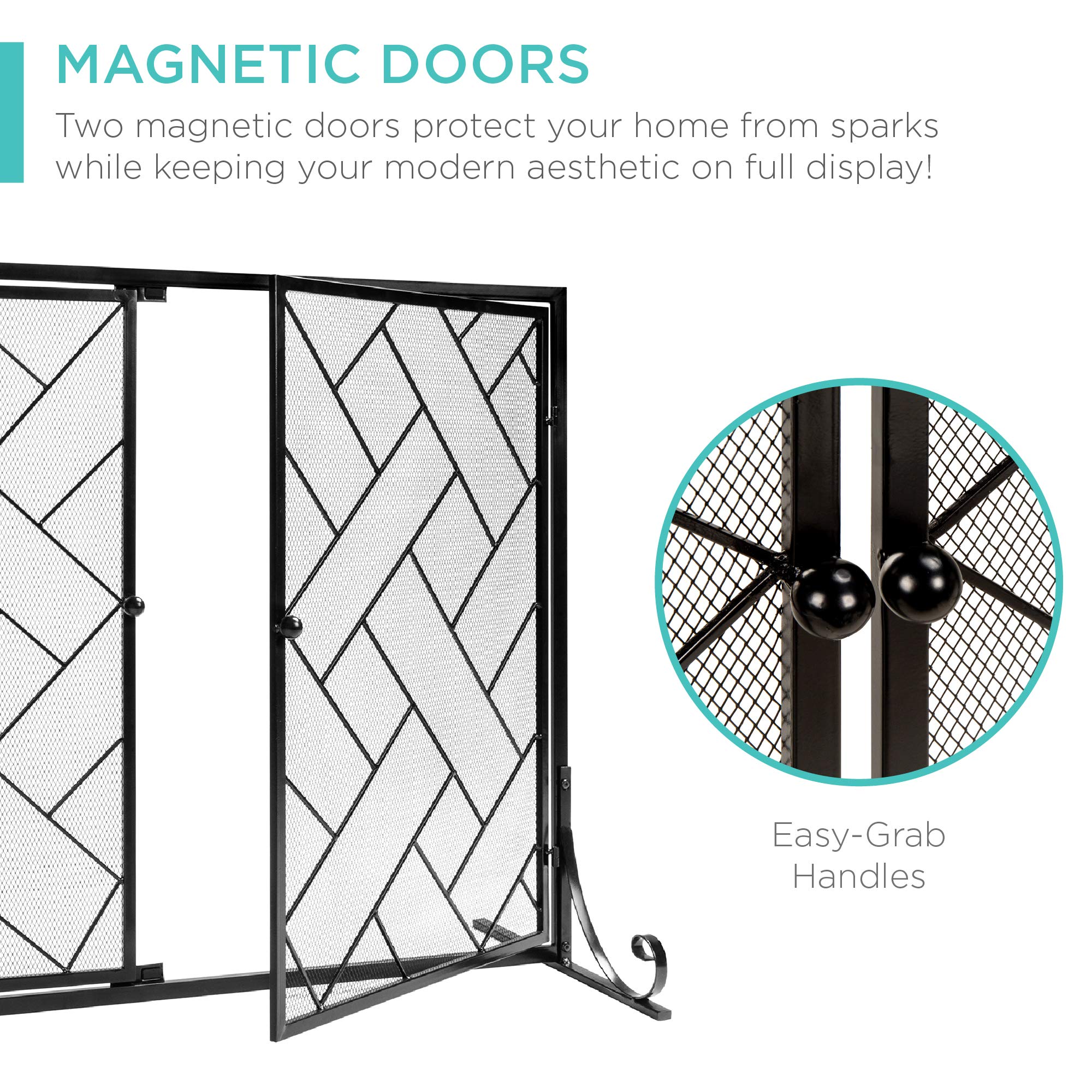 Best Choice Products 44x33in 2-Panel Handcrafted Wrought Iron Decorative Mesh Geometric Fireplace Screen  Fire Spark Guard w/Magnetic Doors - Black