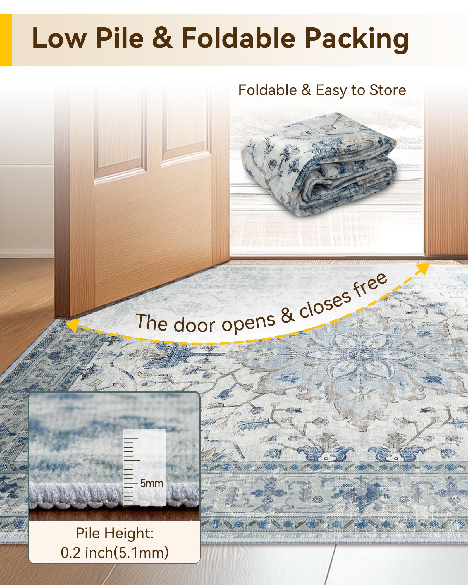 RELEANY Area Rugs 8ft Washable Non-Slip, Floral Vintage Distress Print Pattern Medallion Carpet for Living Room Bedroom Dining R