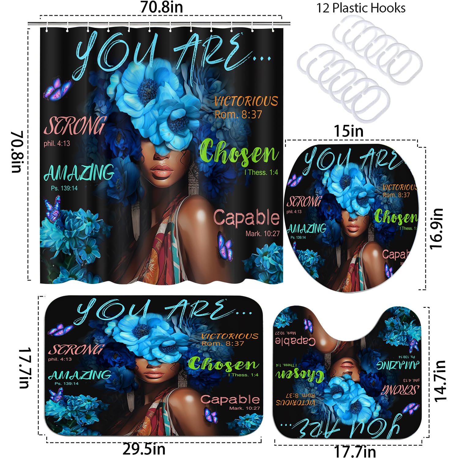 Black African Woman Shower Curtain Set With Flowers, Blue Art Words Bathroom Set With Shower Curtain And Rugs, Toilet Lid Cover,