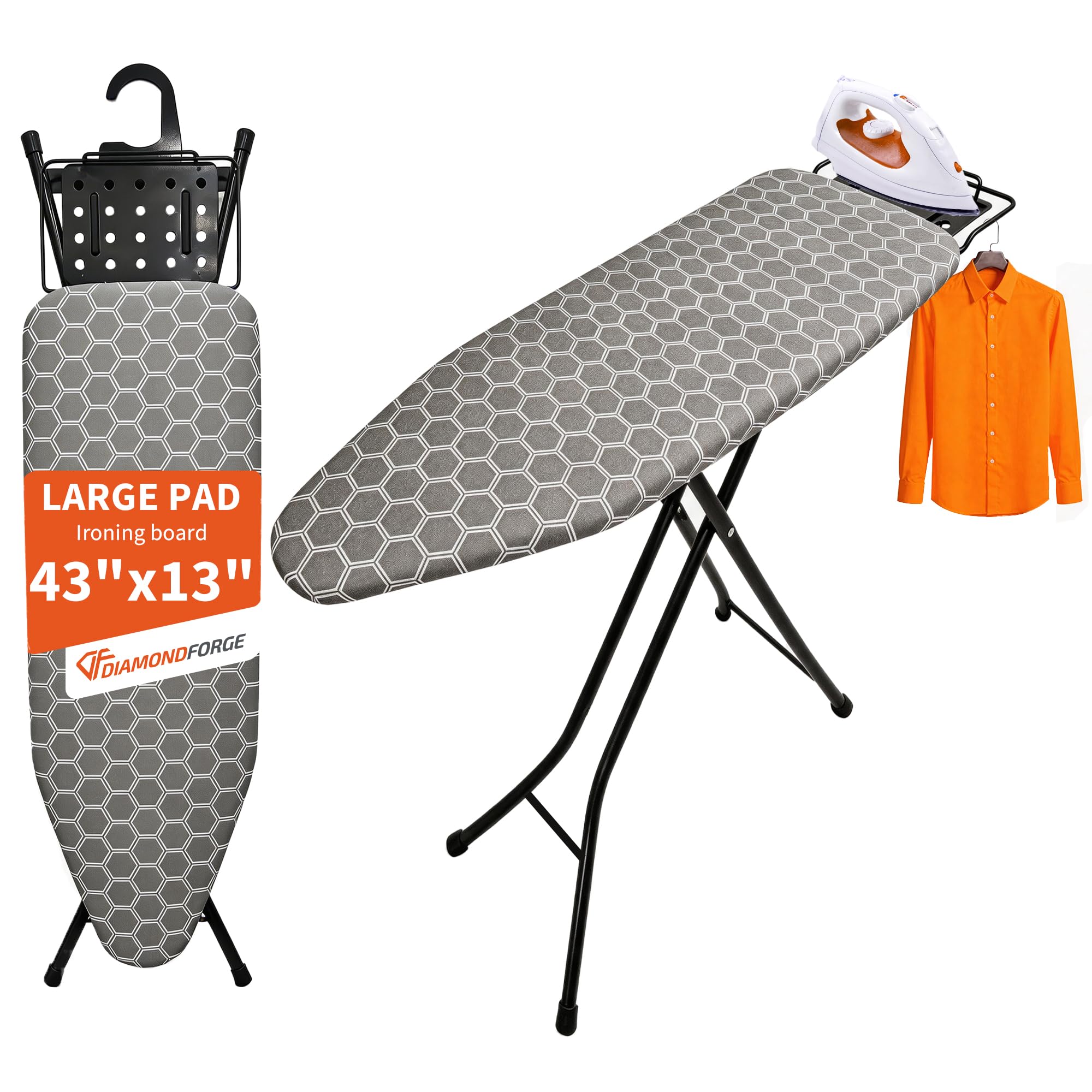 Ironing Board, 43  13 with Iron Rest, 7 Adjustable Heights, Sturdy Iron Board with Bulit-in Hook and Hanger Bar, 4 Layer Heat Re