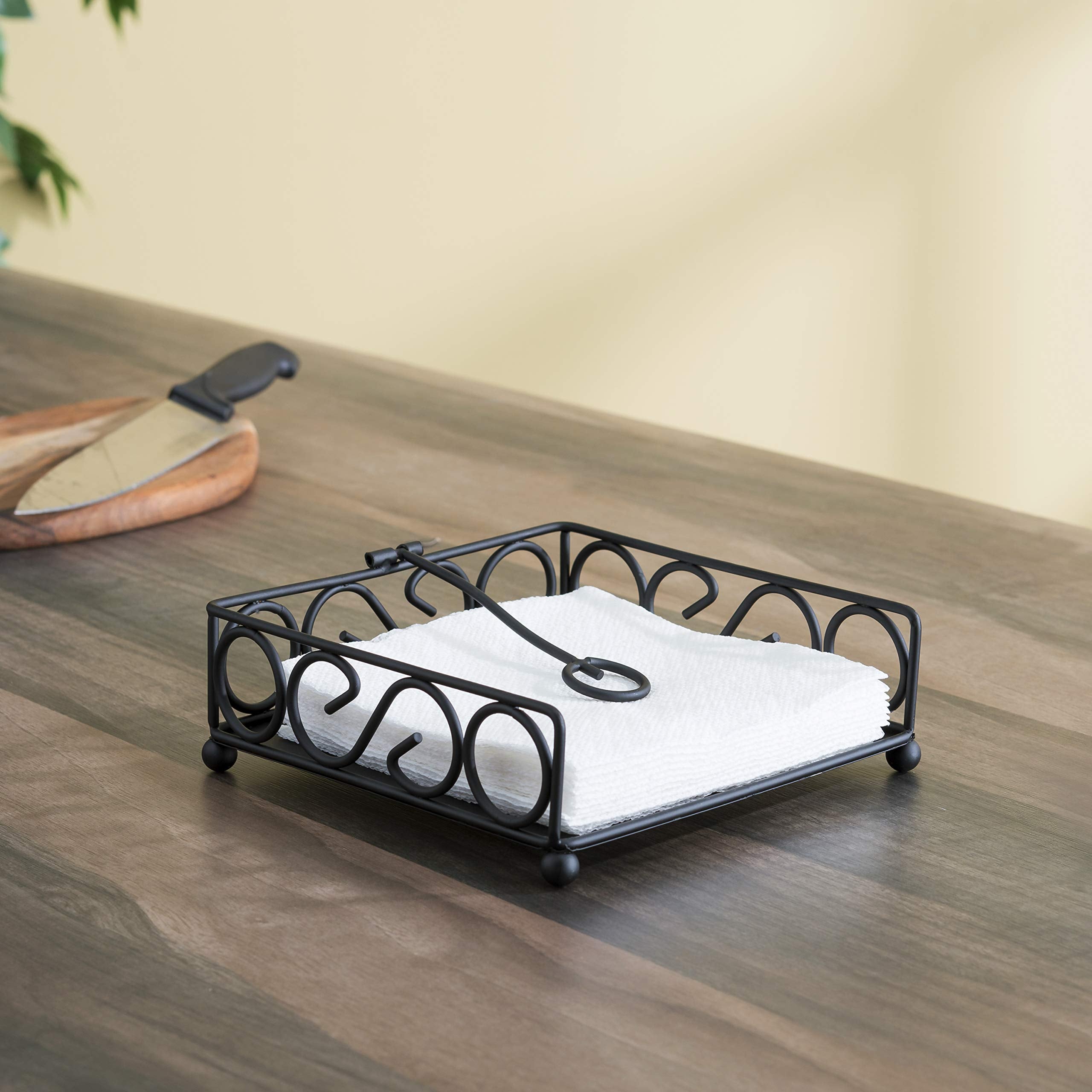Scroll Design Flat Napkin Holder (Black), By Home Basics / With Weighted Pivoting Arm | Table Napkin Holder / Napkin Holders For