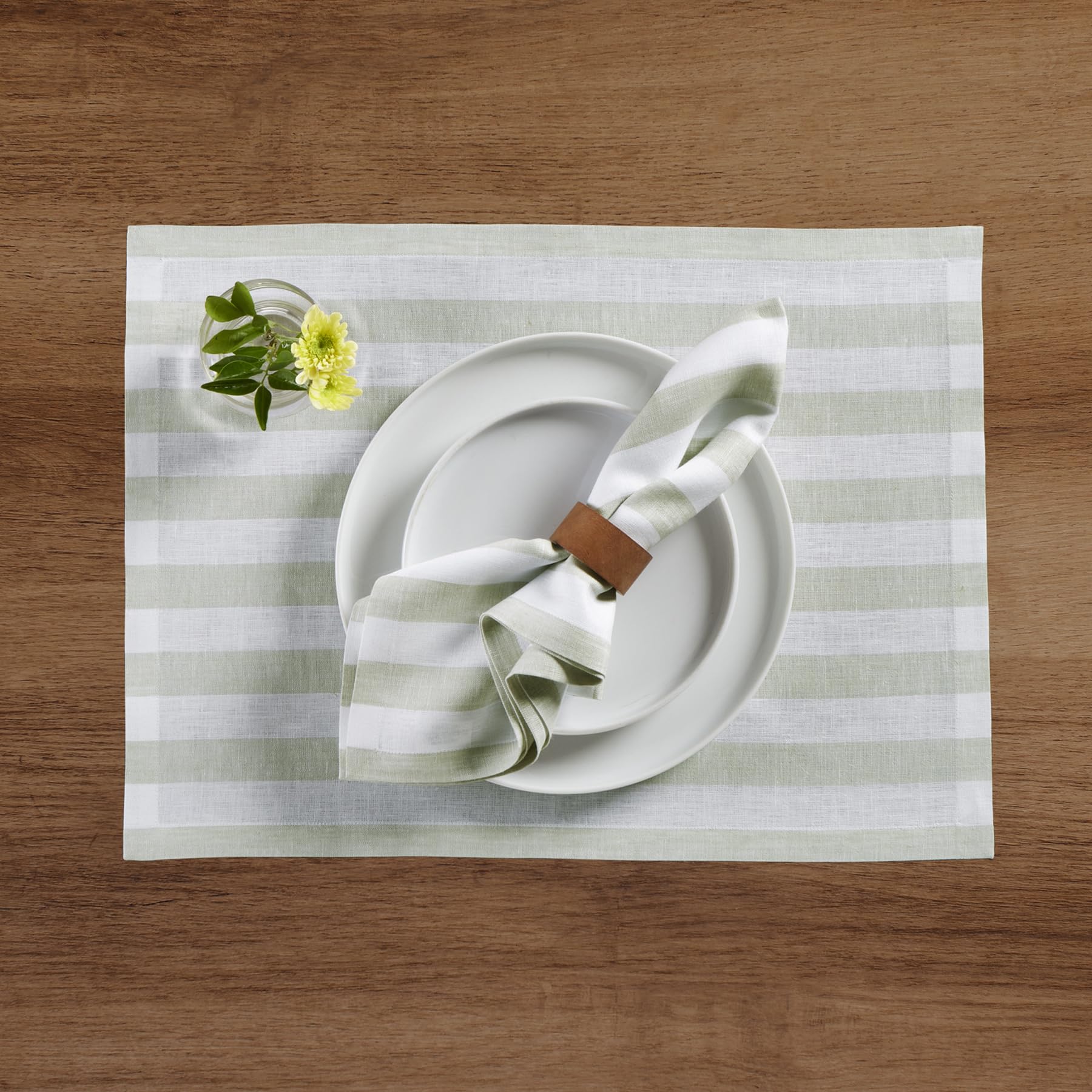 Solino Home Stripe Linen Placemats 19'' L X 14'' W Inch - 100% Pure Linen Sage And White Cloth Placemats Set Of 4 - Sorrento Str