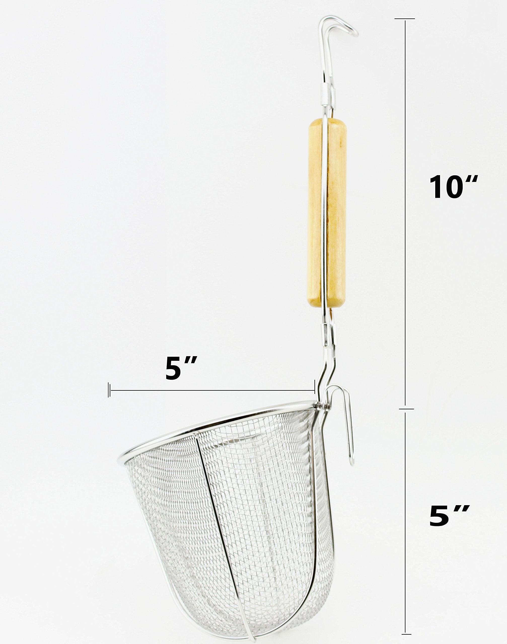 Large Round Wok Strainer Colander Fry Basket - Stainless Steel Wooden Handle For Heat Resistance 5'' X 5'' L ???? Udon Pasta Noo