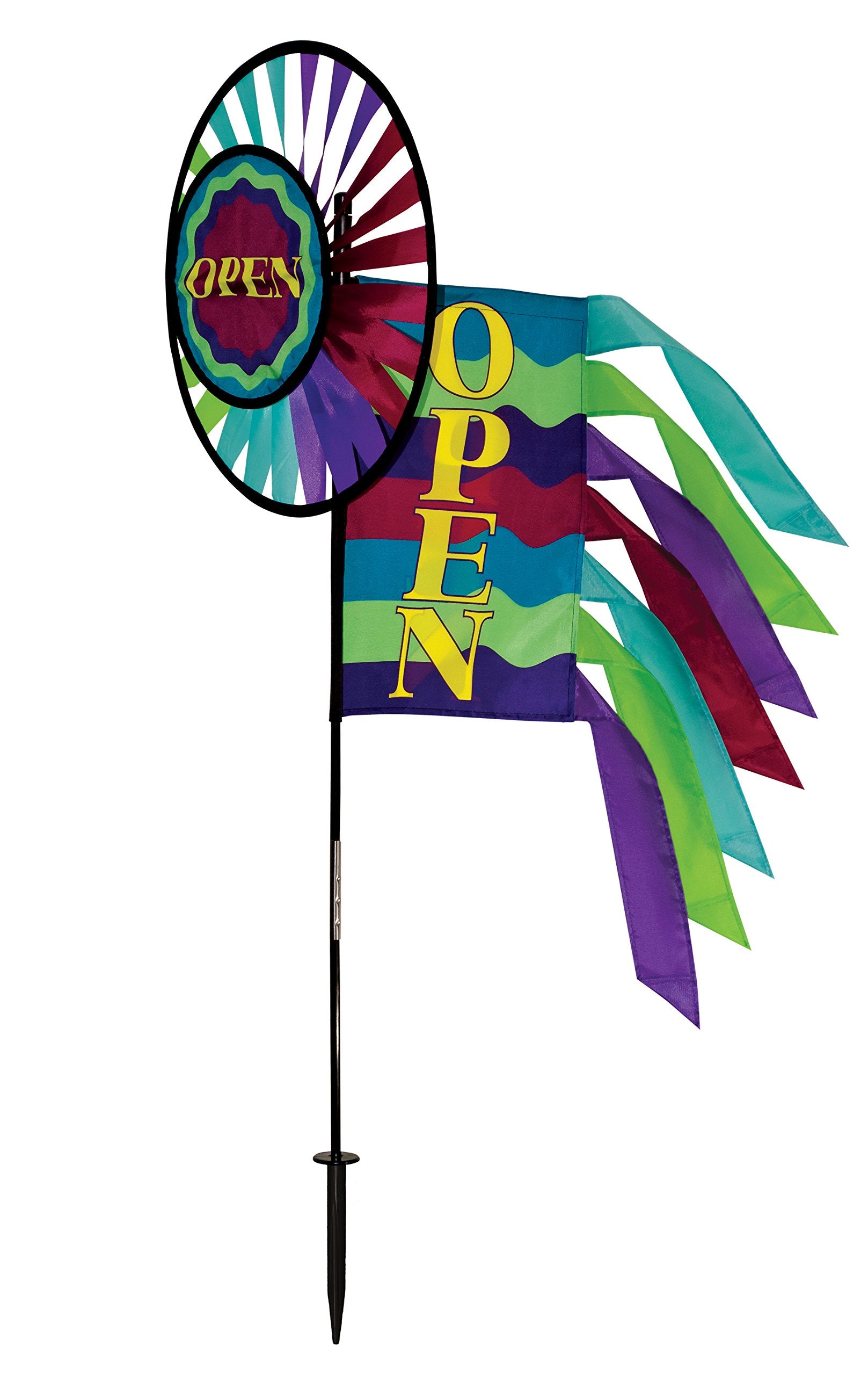 In the Breeze Open Sign Spinner and Flag - Ground Stake Included - Colorful Wind Spinner for your Business,2746