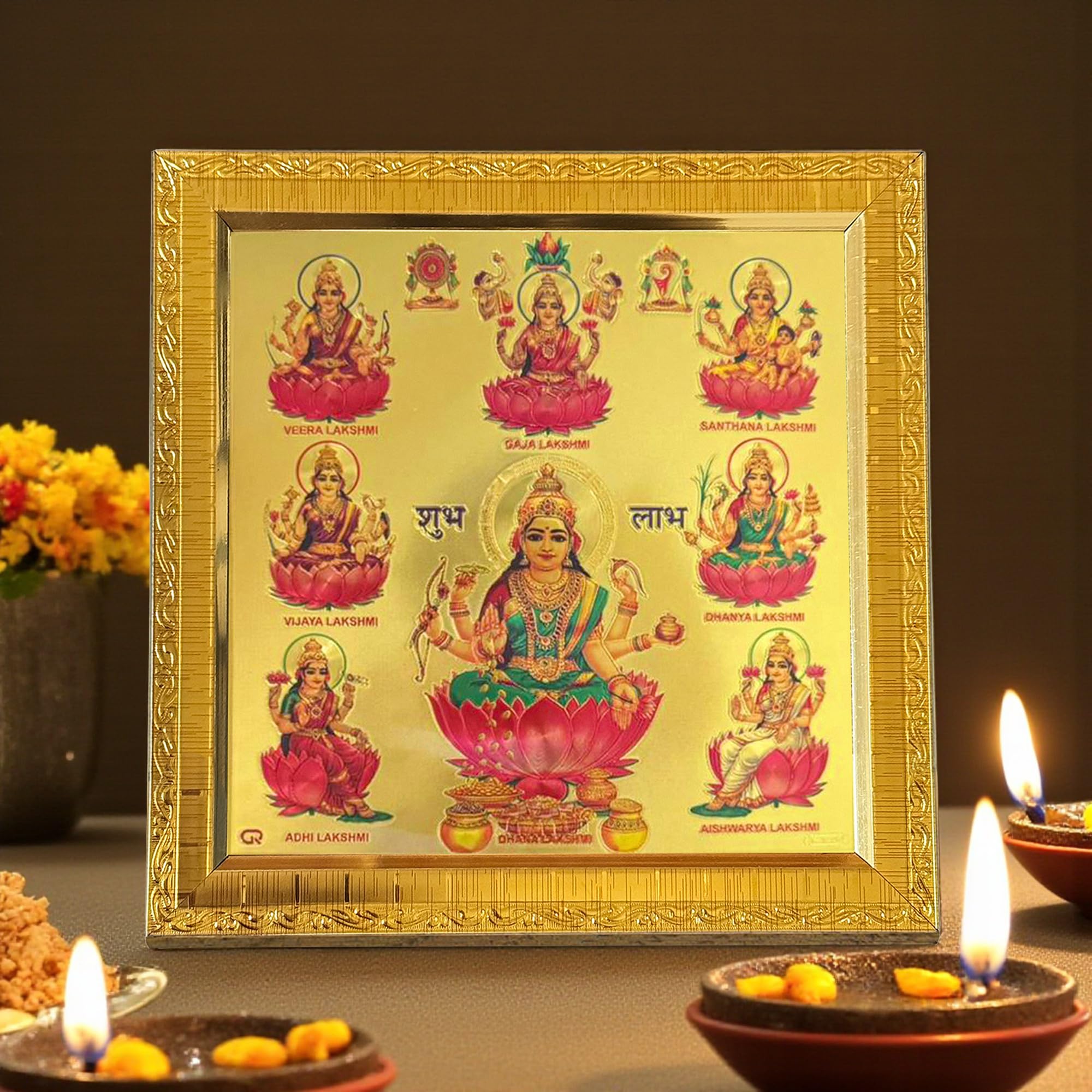 Art Street Ashta Lakshmi Photo Frame For Pooja Room, Golden Hindu Religious Frame, Multi-Color And Gold Plated, Table Stand And 