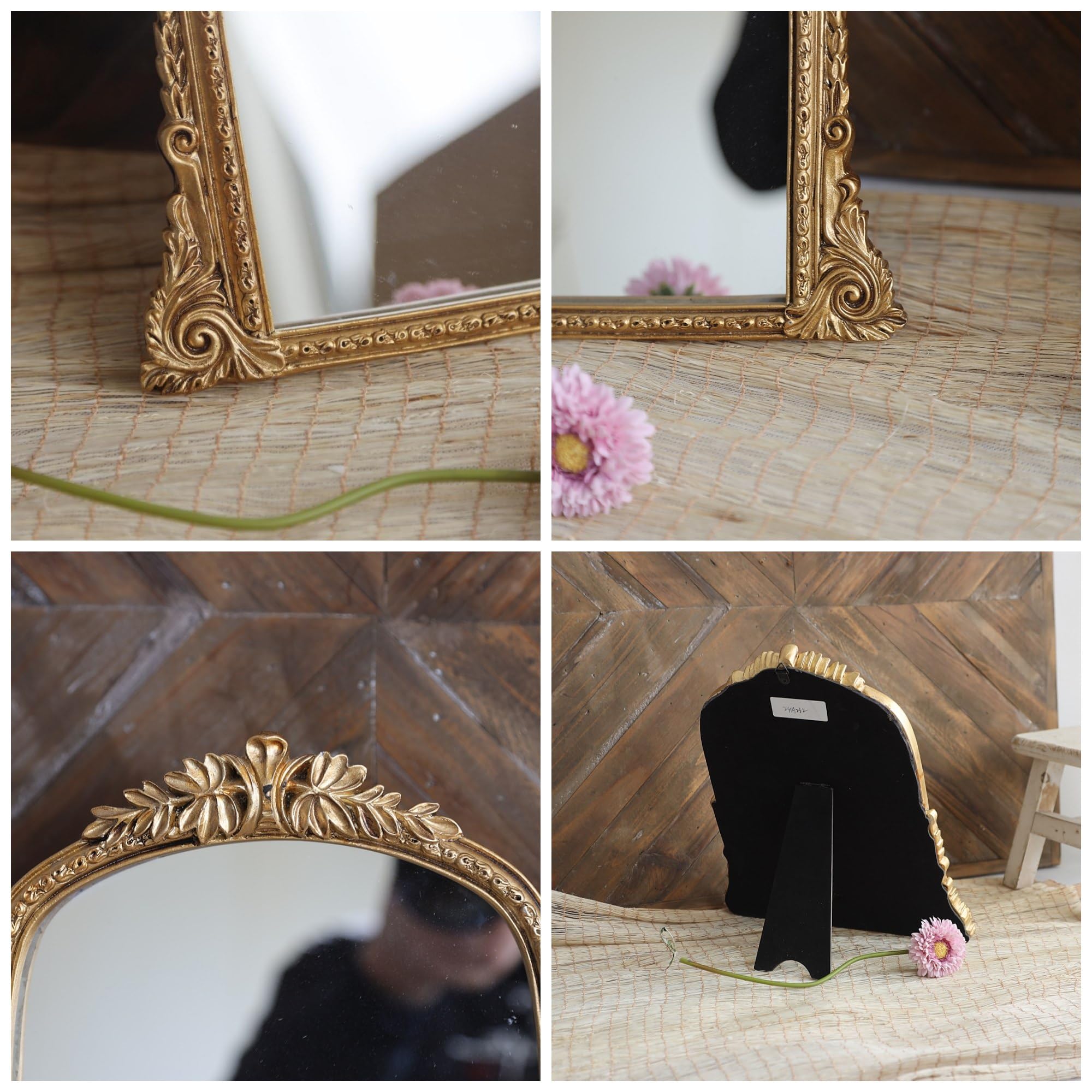 Hsddhome Vintage Gold Vanity Makeup Desk Mirror - Antique Chic Arch Table Mirror With Carved Resin Frame, Small Standing Arendah