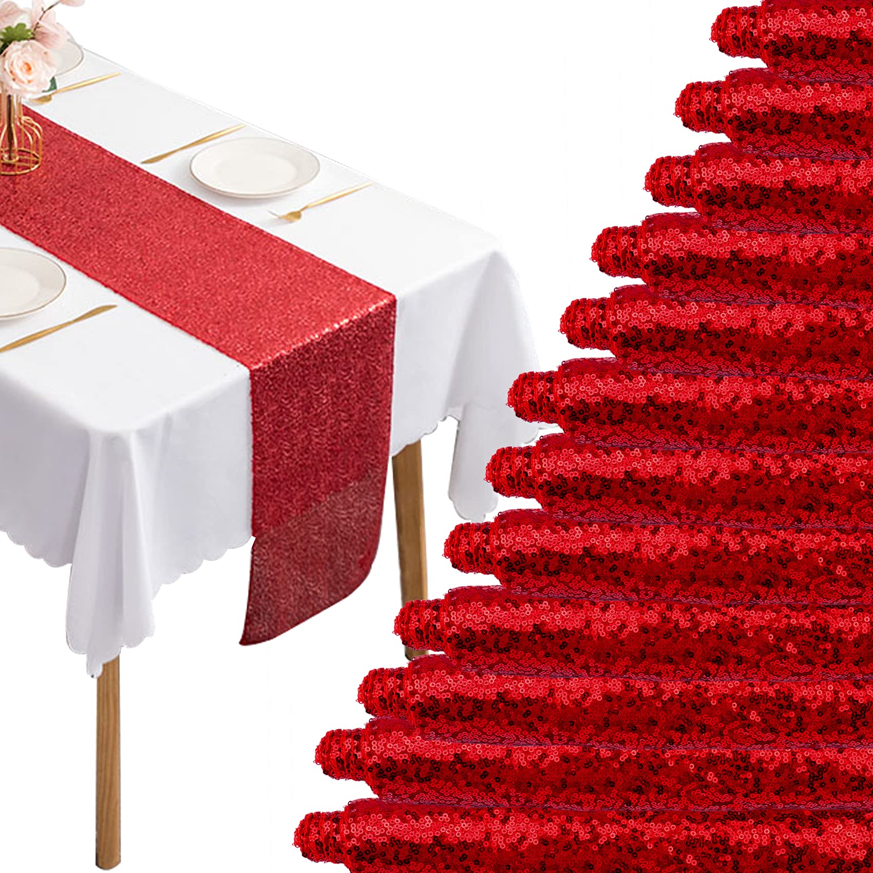 12 Packs 12 X 72 Inch Red Sequin Table Runner Glitter Dining Table Runner For Birthday Wedding Engagement Bridal Baby Shower Bac