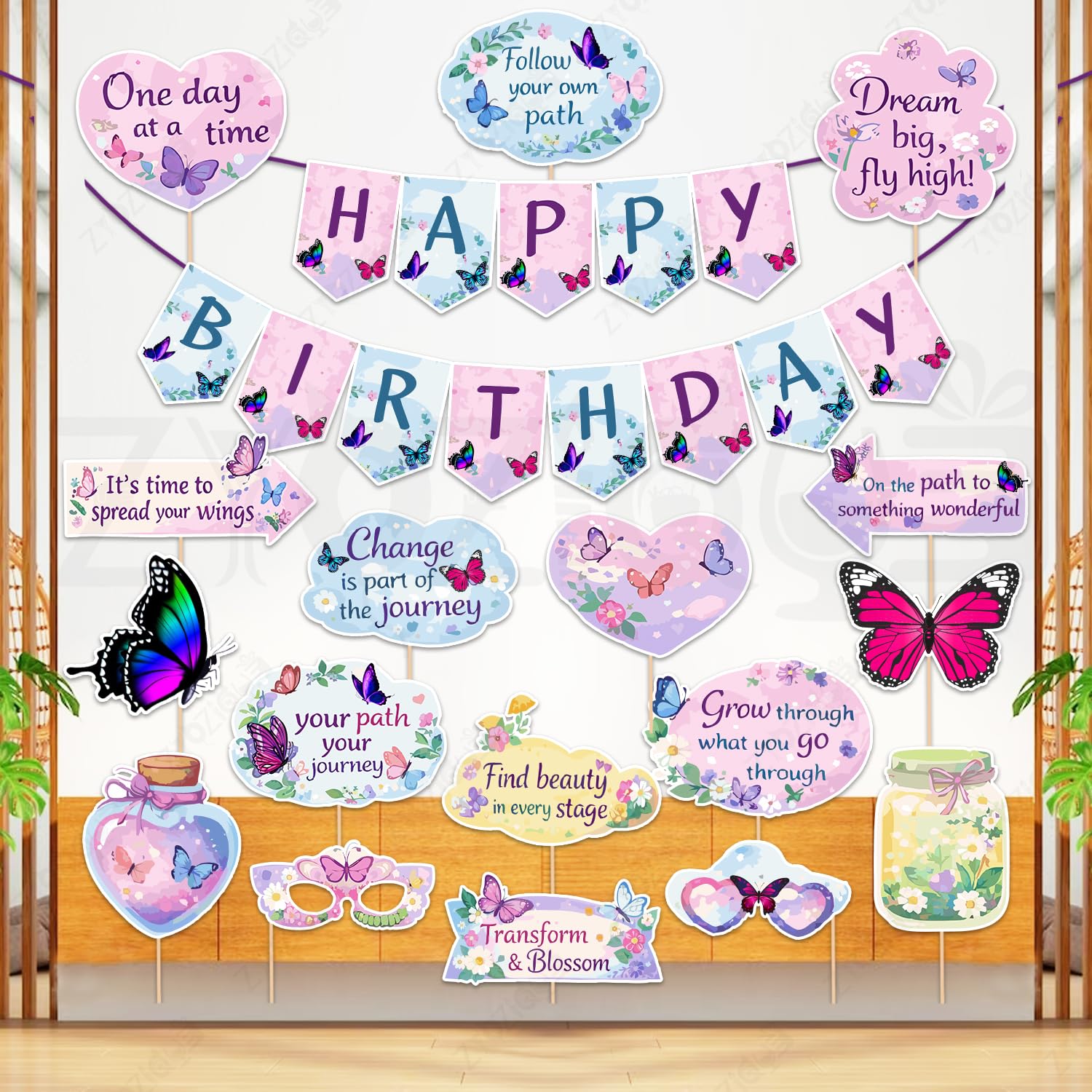 Zyozique Butterfly Theme Decorations Item, Birthday Paper Banner & Photo Booth Props Set, Pink & Purple Colour Birthday Decorati