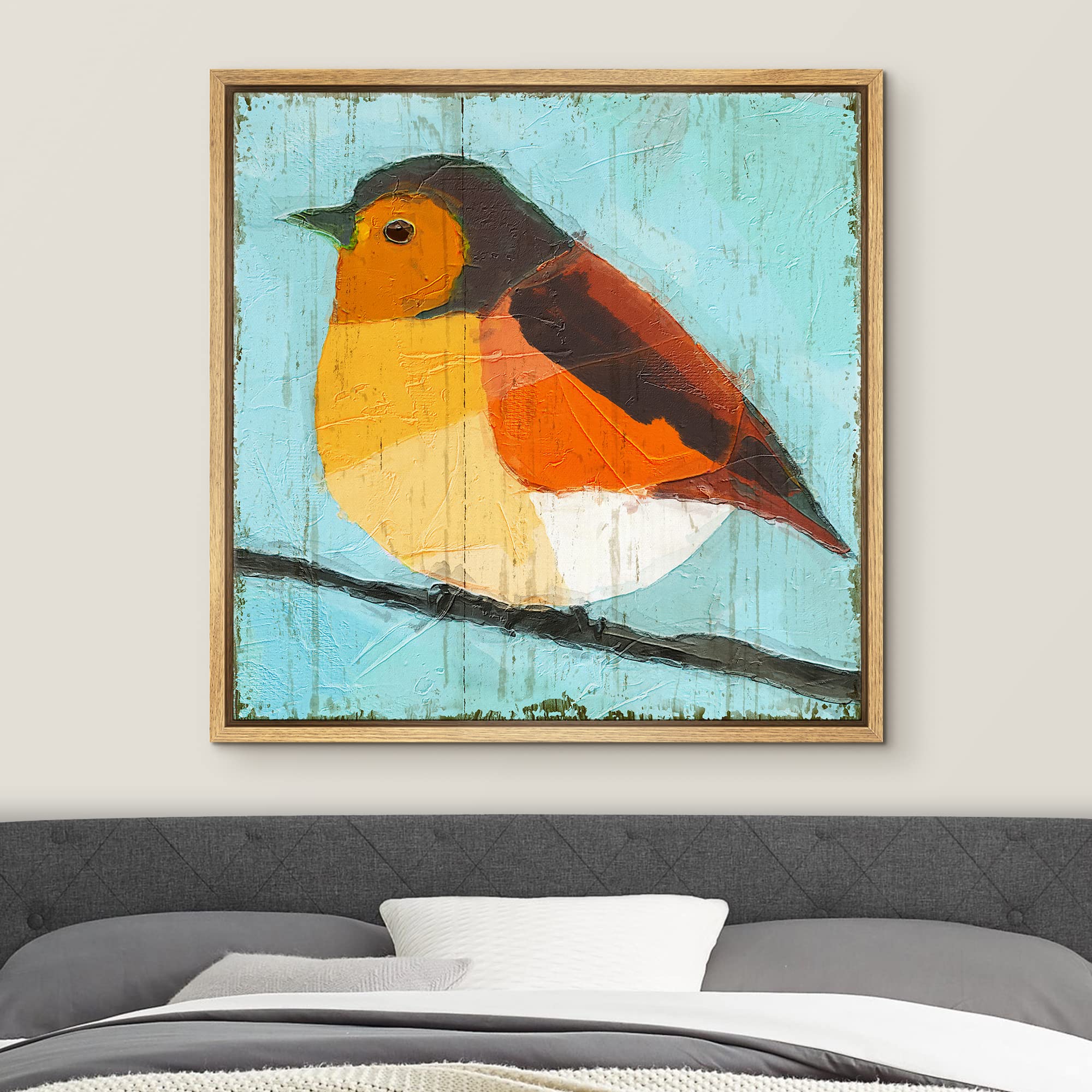 Wall26 Framed Canvas Print Wall Art Textured Geometric Orange & Yellow Robin Animals Birds Illustrations Modern Art Colorful Far