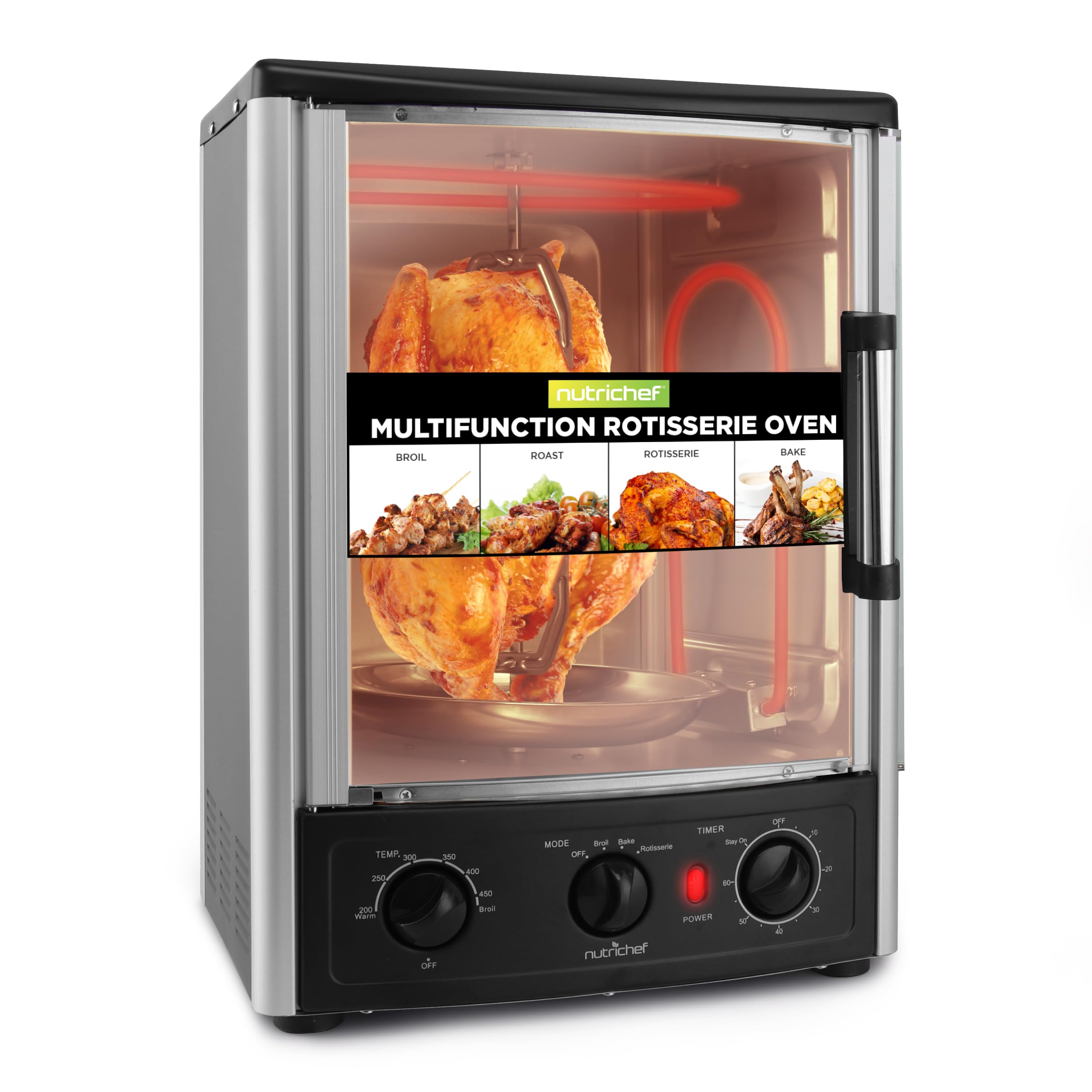 NutriChef Multi-Function Rotisserie Countertop Oven | 24 Quart Vertical Glass Door Convection Oven, for Rotisserie Roasting & Br