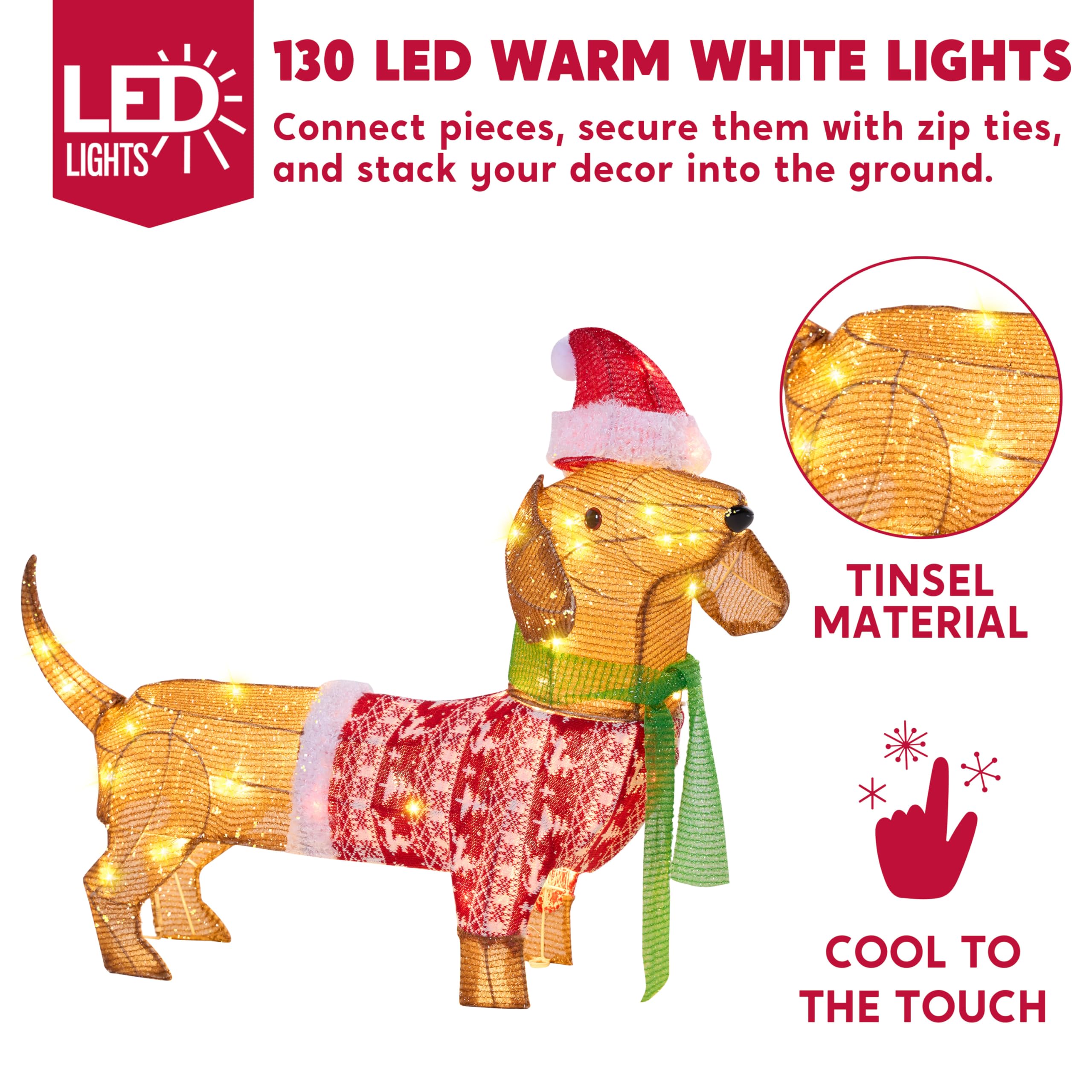 JOYIN Lighted Wiener Dog Christmas Decorations Outdoor, 40 LEDs Warm White Tinsel Dachshund Lights for Christmas Yard Decor, Lig