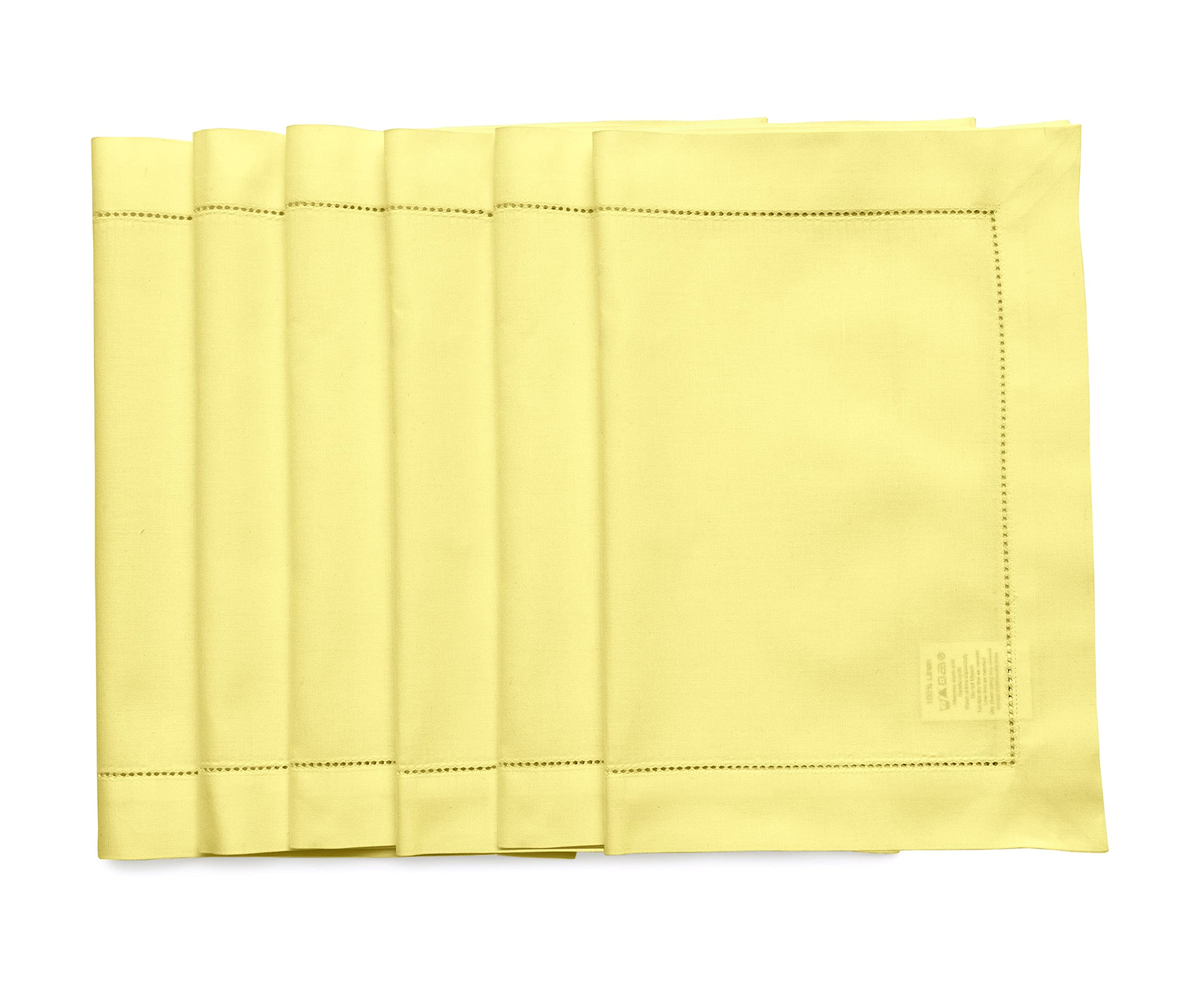 Solino Home Placemats 19'' L X 14'' W Inch - Cotton Linen Hemstitch Yellow Cloth Placemats Set Of 6 - Washable Fabric Place Mats