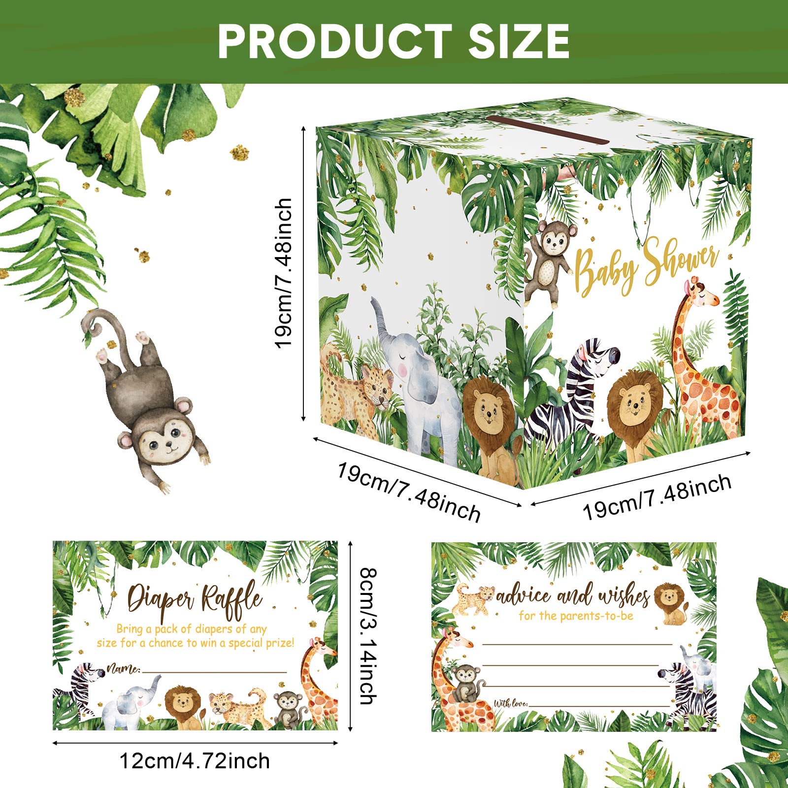 51 Pieces Woodland Baby Shower Card Box And Advice Cards, Diaper Raffle Game Box Tickets, Animals Safari Creatures Party Decorat