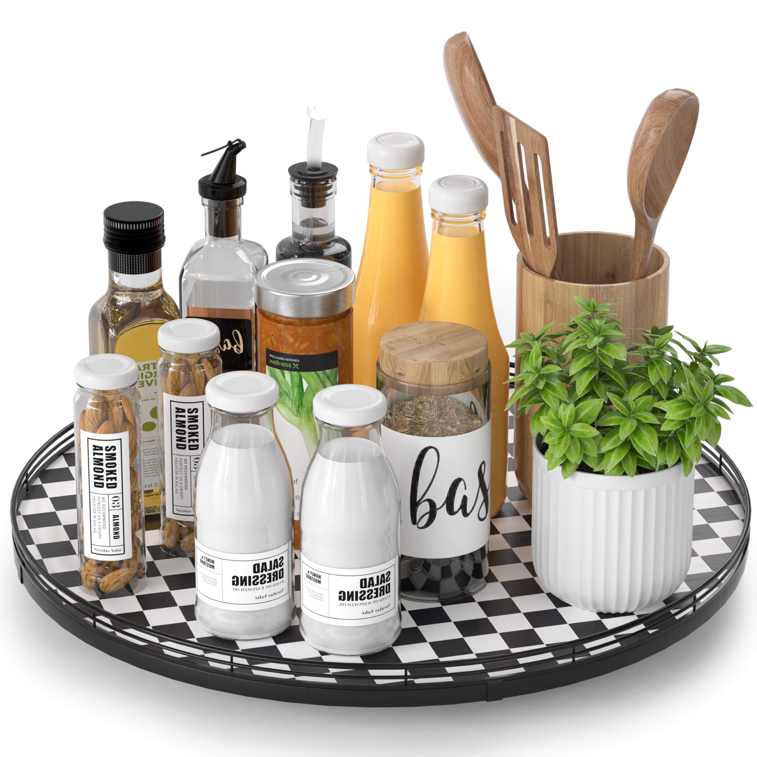 16 Black and White Kitchen Lazy Susan Turntable, Round Checkered Decorative Tray, Large Lazy Susan for Dining Table Centerpiece,