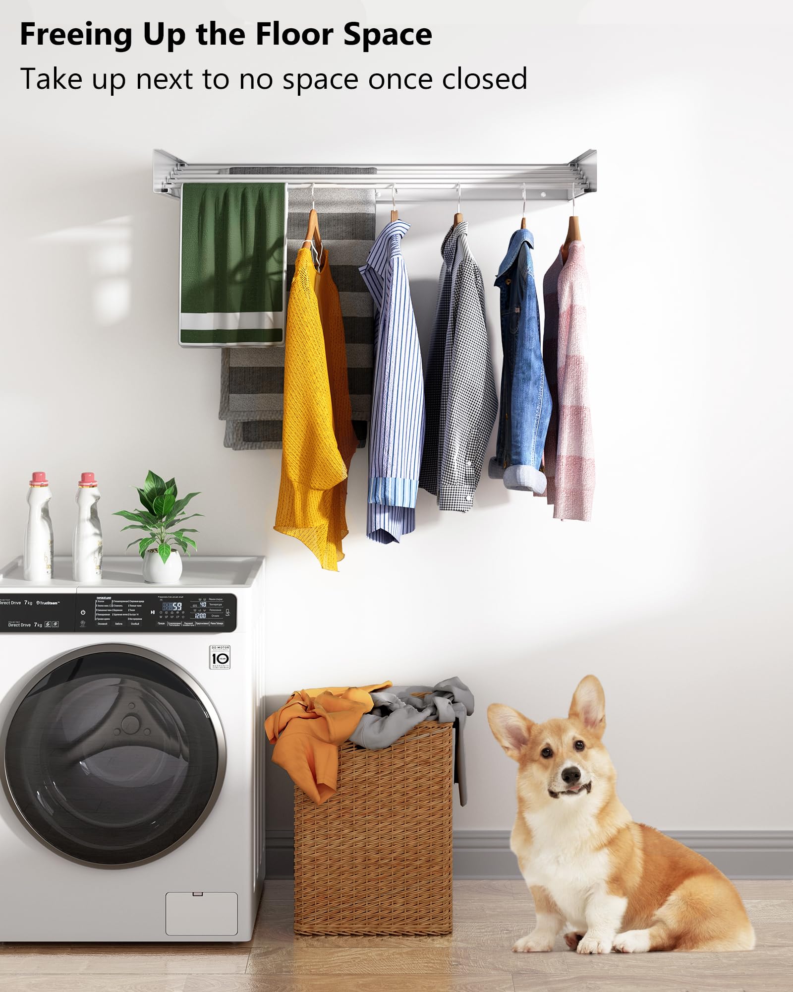 Wall Mounted Drying Rack 31.5''  5 Aluminum Poles  40 lb. Load Capacity  Foldable  Retractable  Space Saving Clothes Drying Rack (31.5'' White)