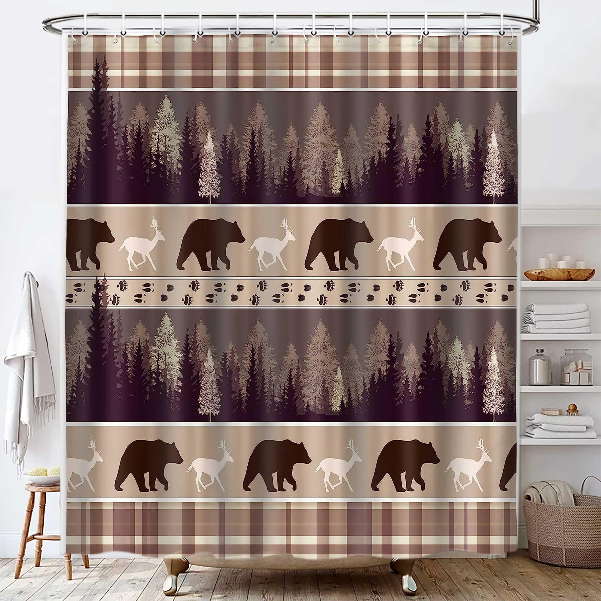 Lacoiime Cabin Shower Curtain, Rustic Woodland Forest Deer Bear Shower Curtain Set For Bathroom, Romantic Brown Abstract Bathroo