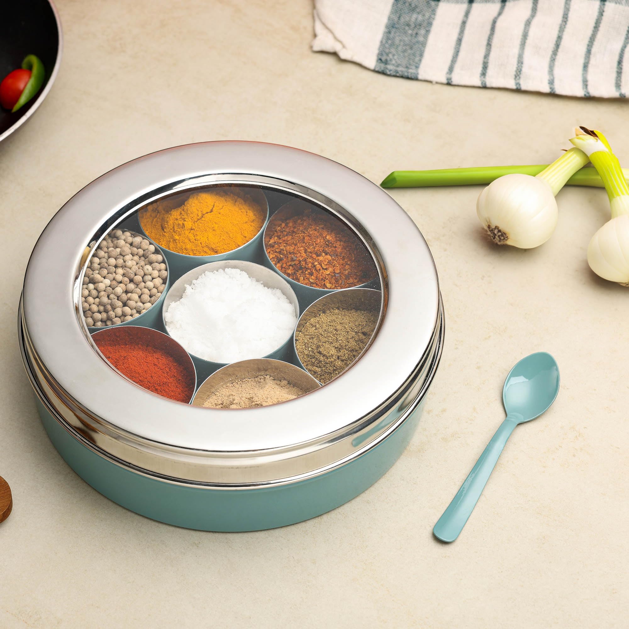 dudki Homes Stainless Steel Masala Dabba Masaladani | Spice Box For Kitchen | Masala Dani With See Through Lid With 7 Containers
