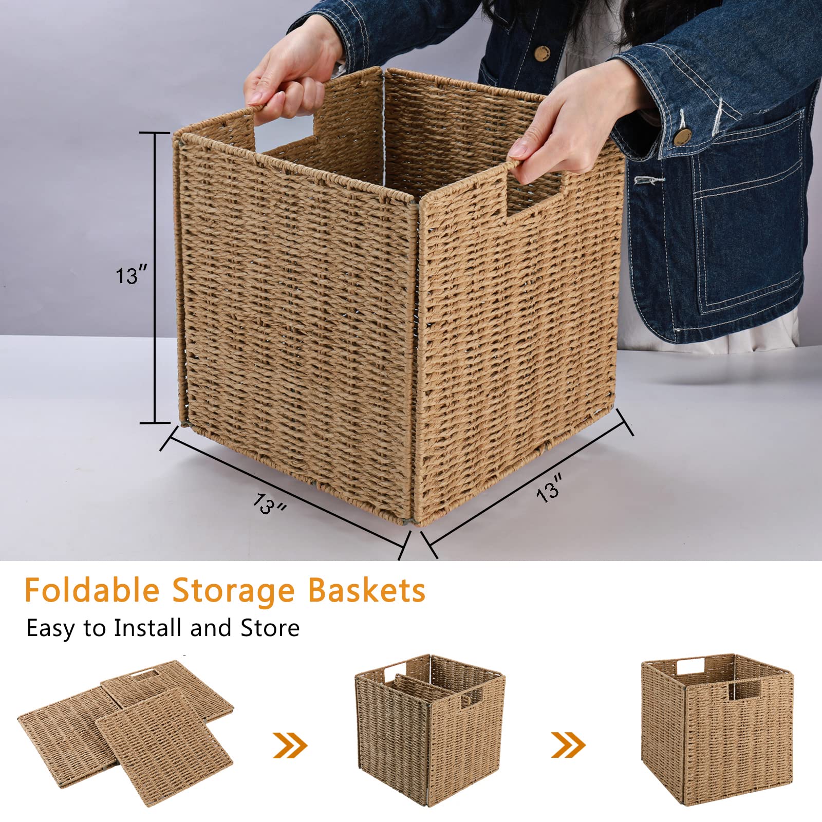 Vagusicc Wicker Baskets, Set Of 2 Hand-Woven Storage Baskets For Shelves With Handles, Foldable Cube Wicker Storage Basket Bins
