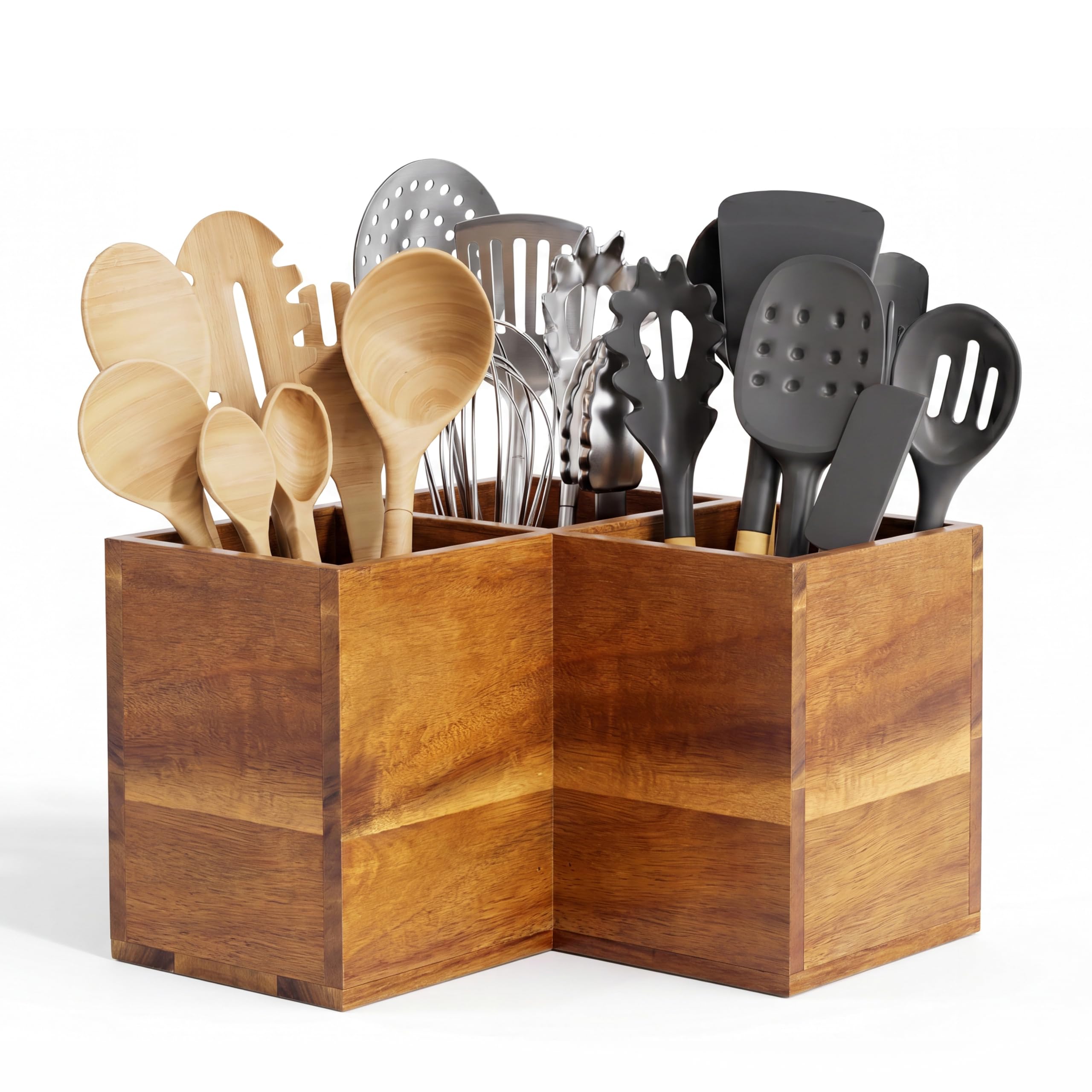 ZUJJAFY Utensil Holder, Corner Utensil Holder for Kitchen Counter, Acacia Wood Kitchen Utensil Holder for Countertop with 3 Comp