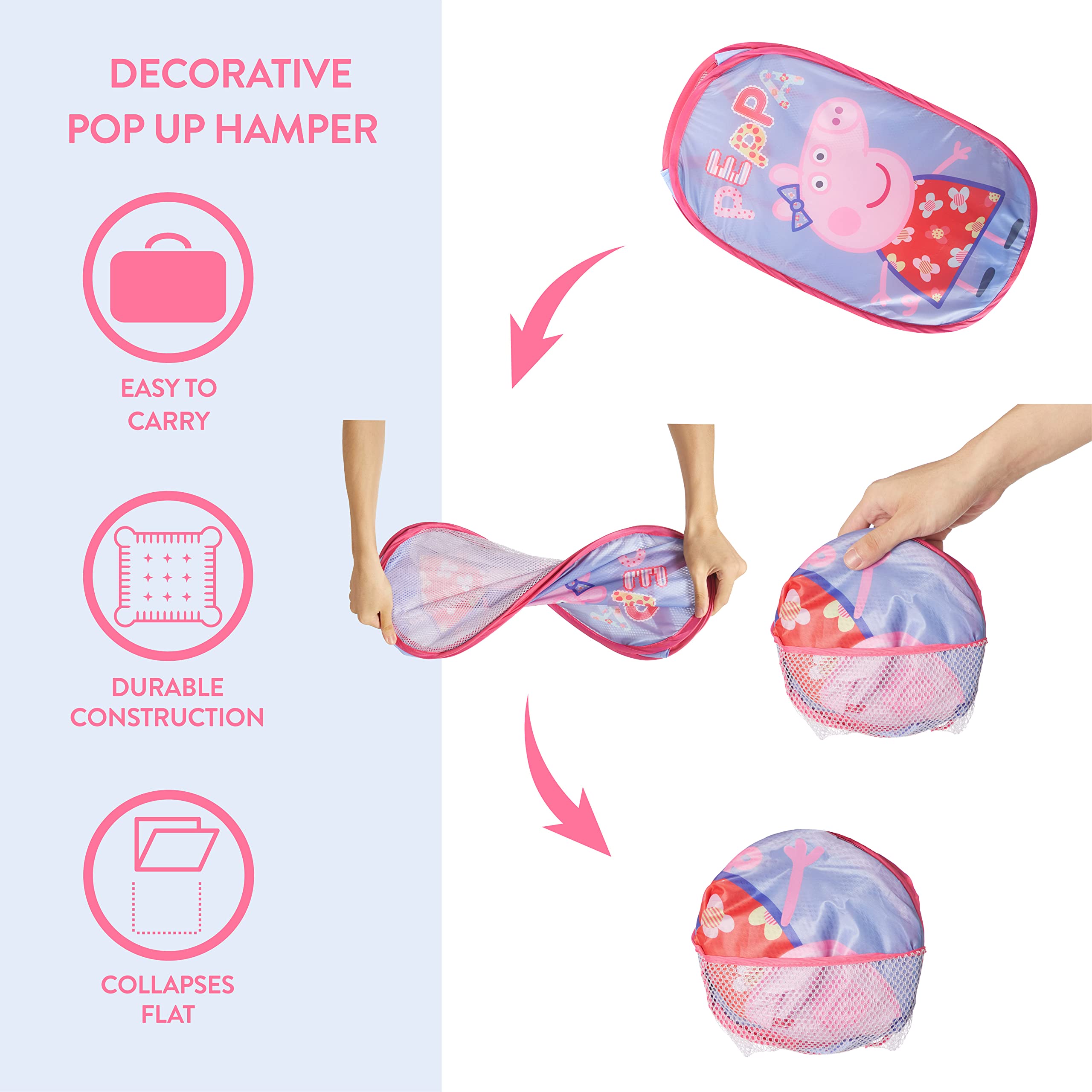 Idea Nuova Peppa Pig Pop Up Hamper With Durable Carry Handles, 21'' H X 13.5'' W X 13.5'' L, Peppa Pig/Light Purple