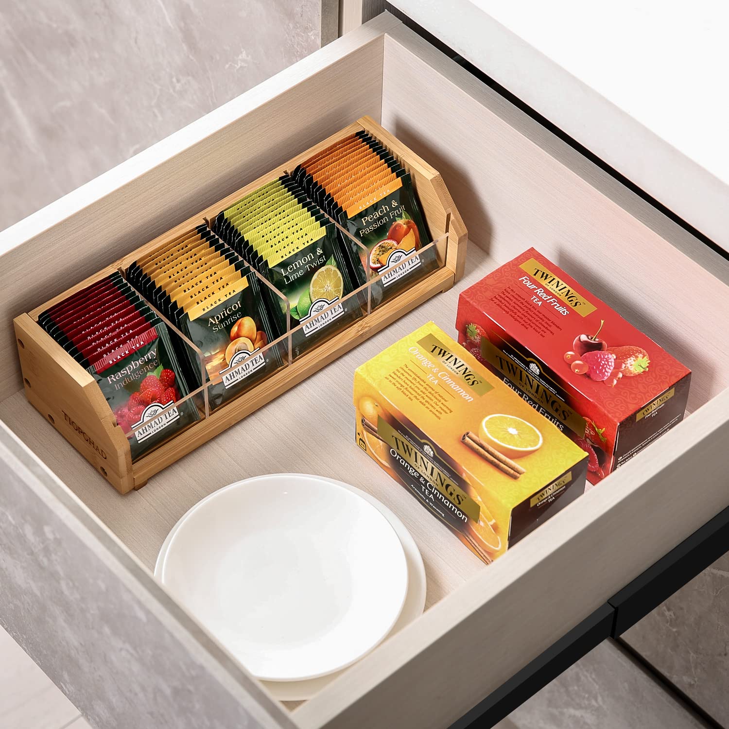 Tiopghad Small Bamboo Tea Bag Organizer Storage Holder For Tea Bags Wood Tea Box Containers Tea Rack Teabag Station Stand For Ca