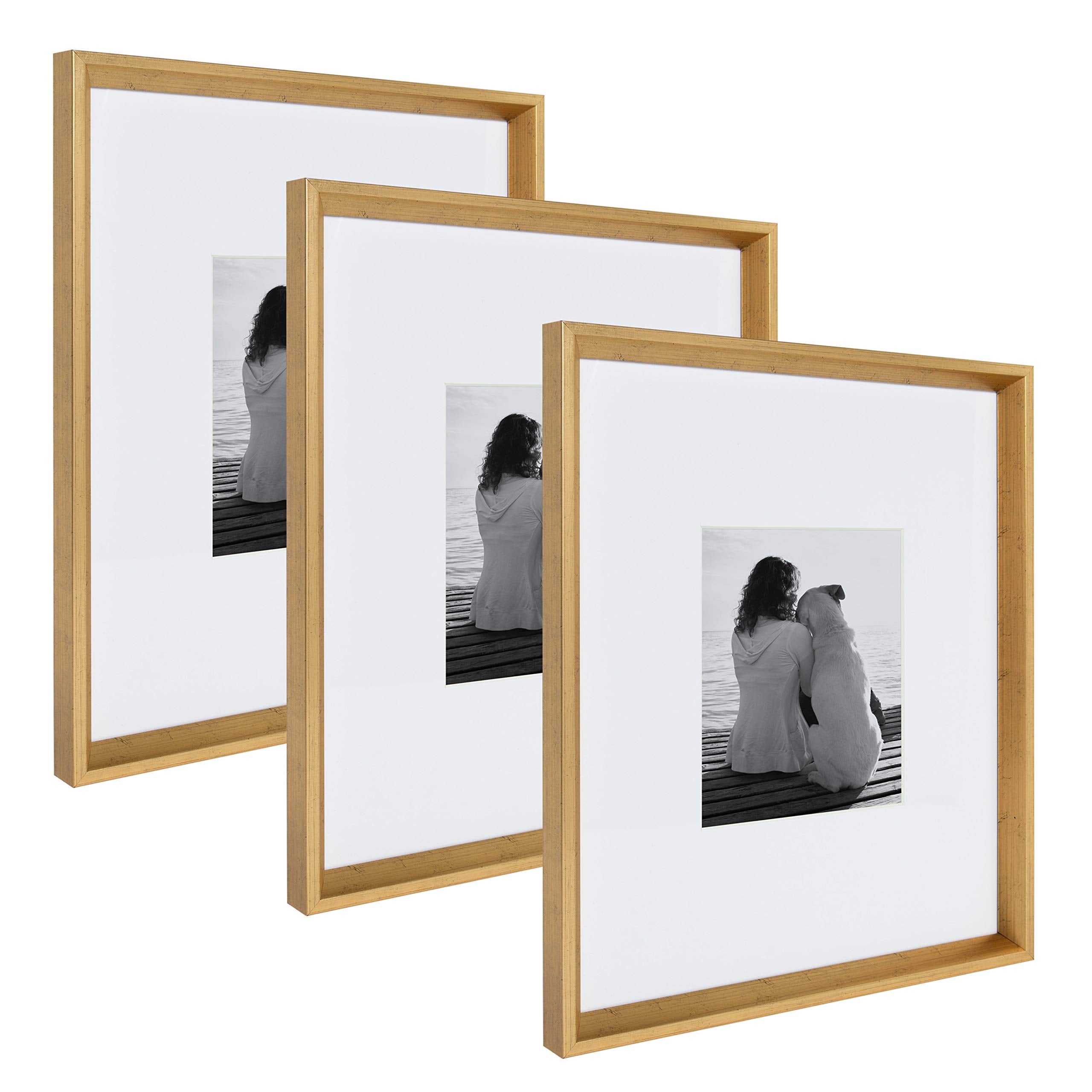 Kate and Laurel Calter Modern Wall Picture Frame Set, Gold 16x20 matted to 8x10, Pack of 3