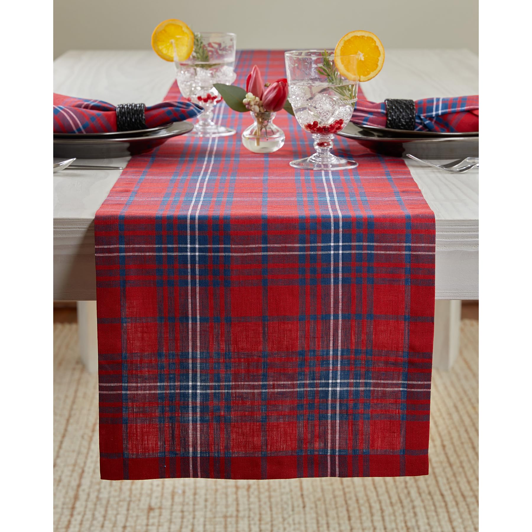 Solino Home Table Runner 36 Inch - 100% Pure Linen Red And Navy Tartan Plaid Table Runner 14 X 36 Inch - Handcrafted And Machine