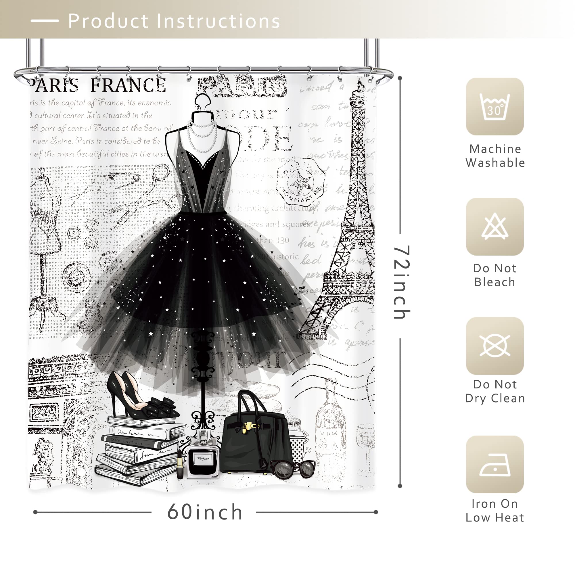 Riyidecor Shower Curtain - Black White Eiffel Tower, 60Wx72H Inch, Polyester, Waterproof, Modern Girls Bathroom Decor, Model RYD-HQYKHW-67868