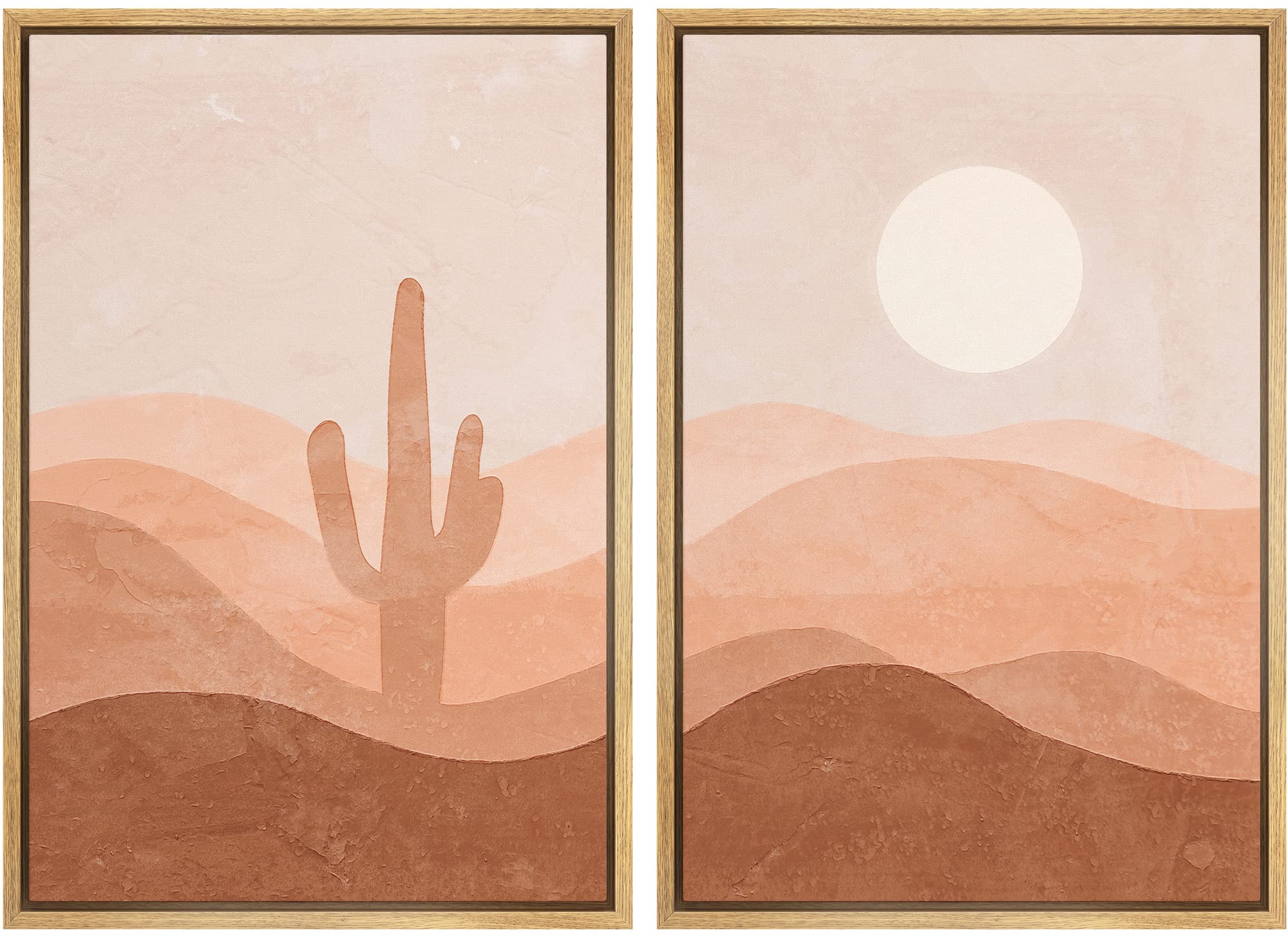 Idea4Wall Framed Wall Art Print Set Cactus Shining Sun Desert Valley Landscape Wilderness Nature Modern Art Boho Graphic Colorfu