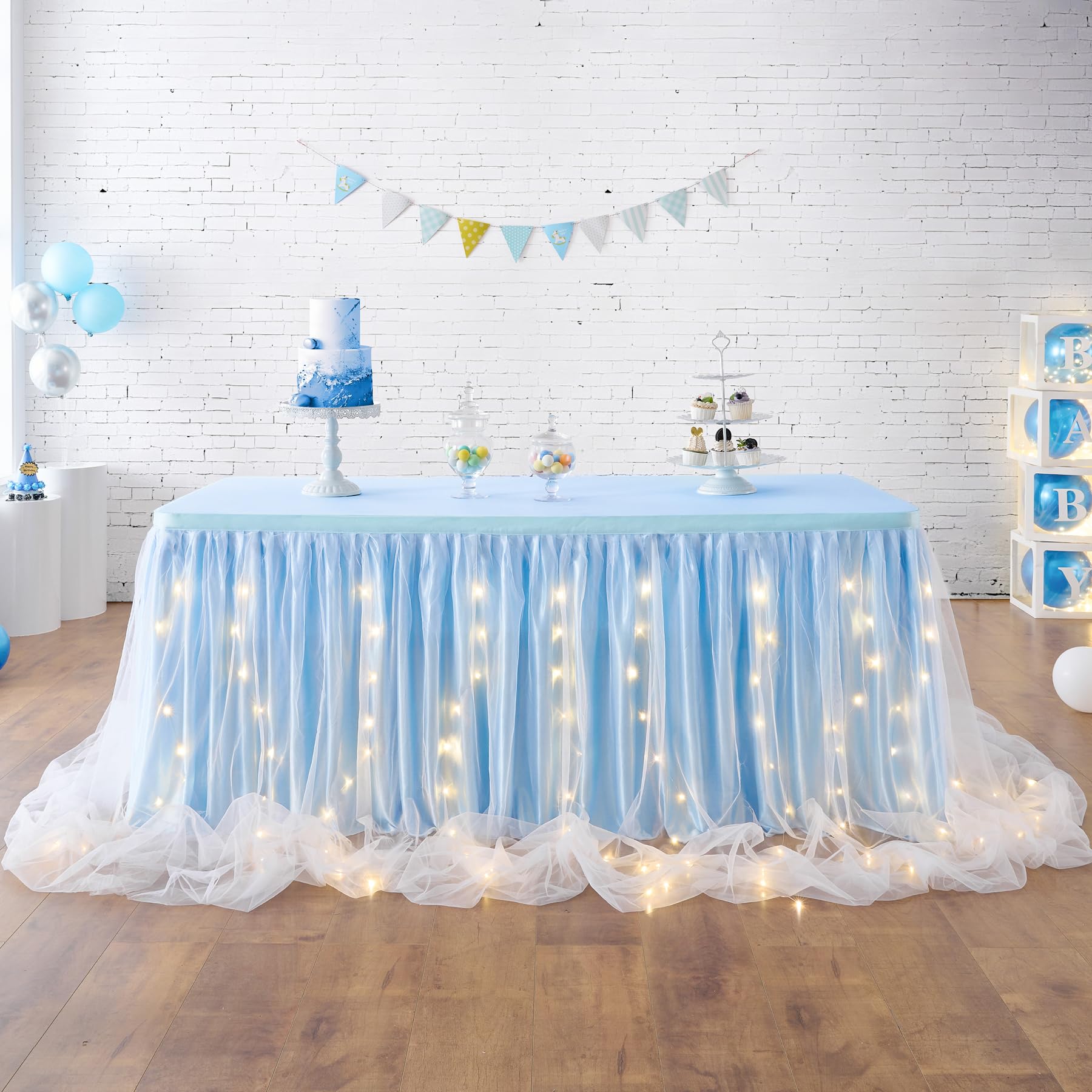 Leegleri Baby Blue Tulle Tutu Table Skirt For Baby Shower Wedding And Birthday Party,Led Table Skirt For Rectangle Or Round Tabl