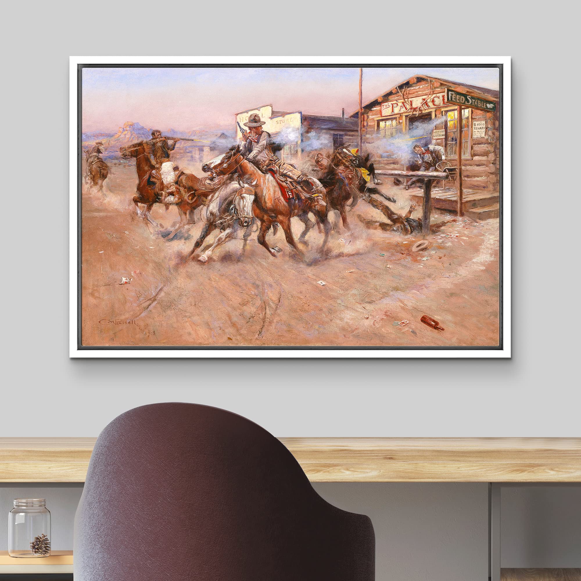 Wall26 - Smoke By Charles Marion Russell - Framed Canvas Print Wall Art Famous Painting Reproduction - 24''X36'' White