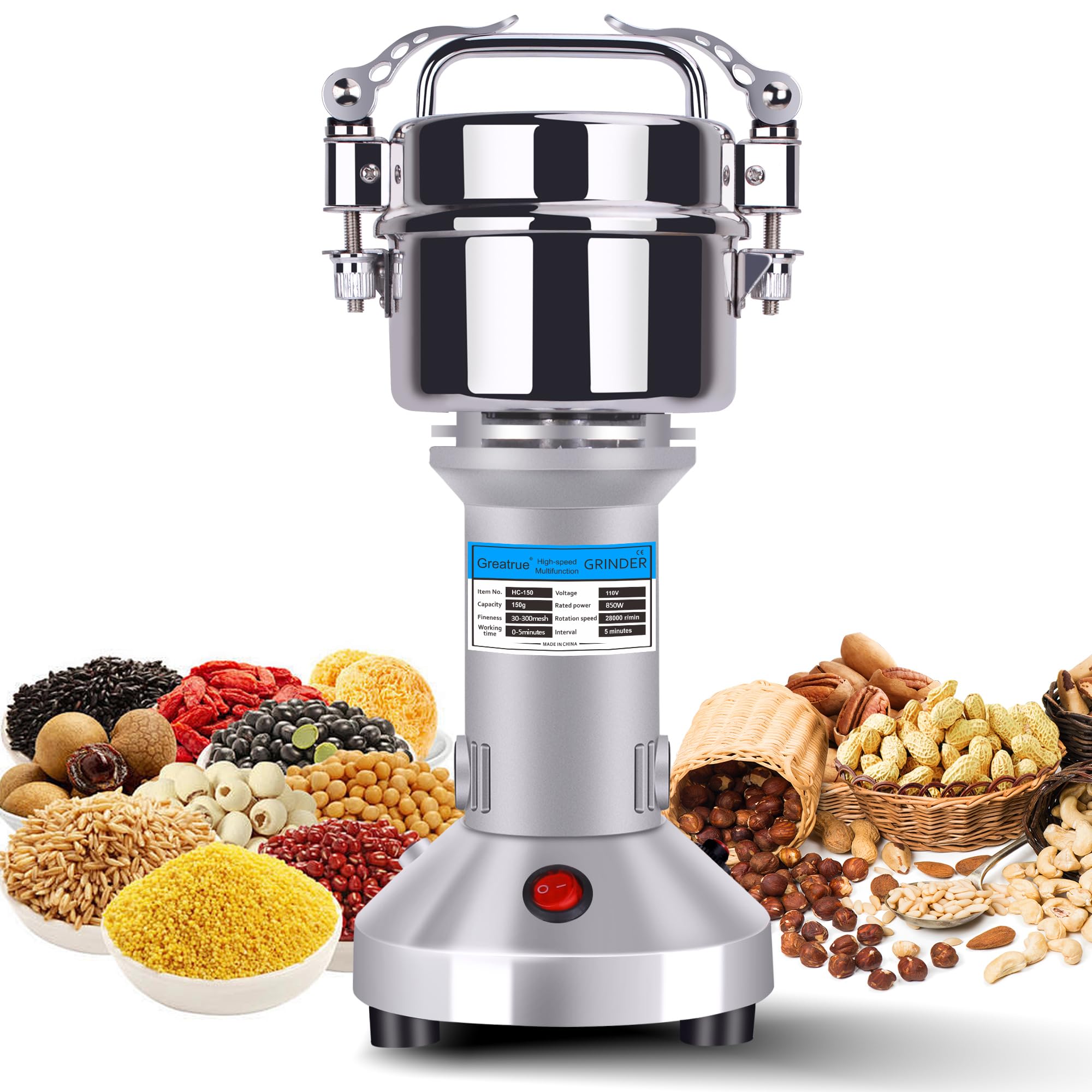 Greatrue Electric Grain Mill Grinder Spice Grinder Flour Mill Wheat Cereals Herb Pulverizer For Kitchen,150G High Speed Dry Spic