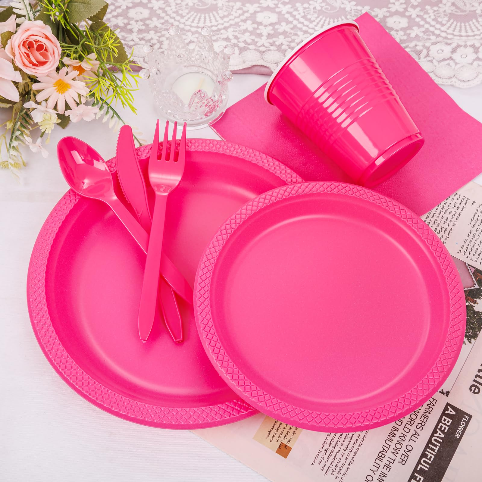 Wellife 210 Pieces Valentines Hot-Pink Party Supplies - Hot Pink Plastic Dinnerware Set, Including Hot Pink Plastic Plates And N