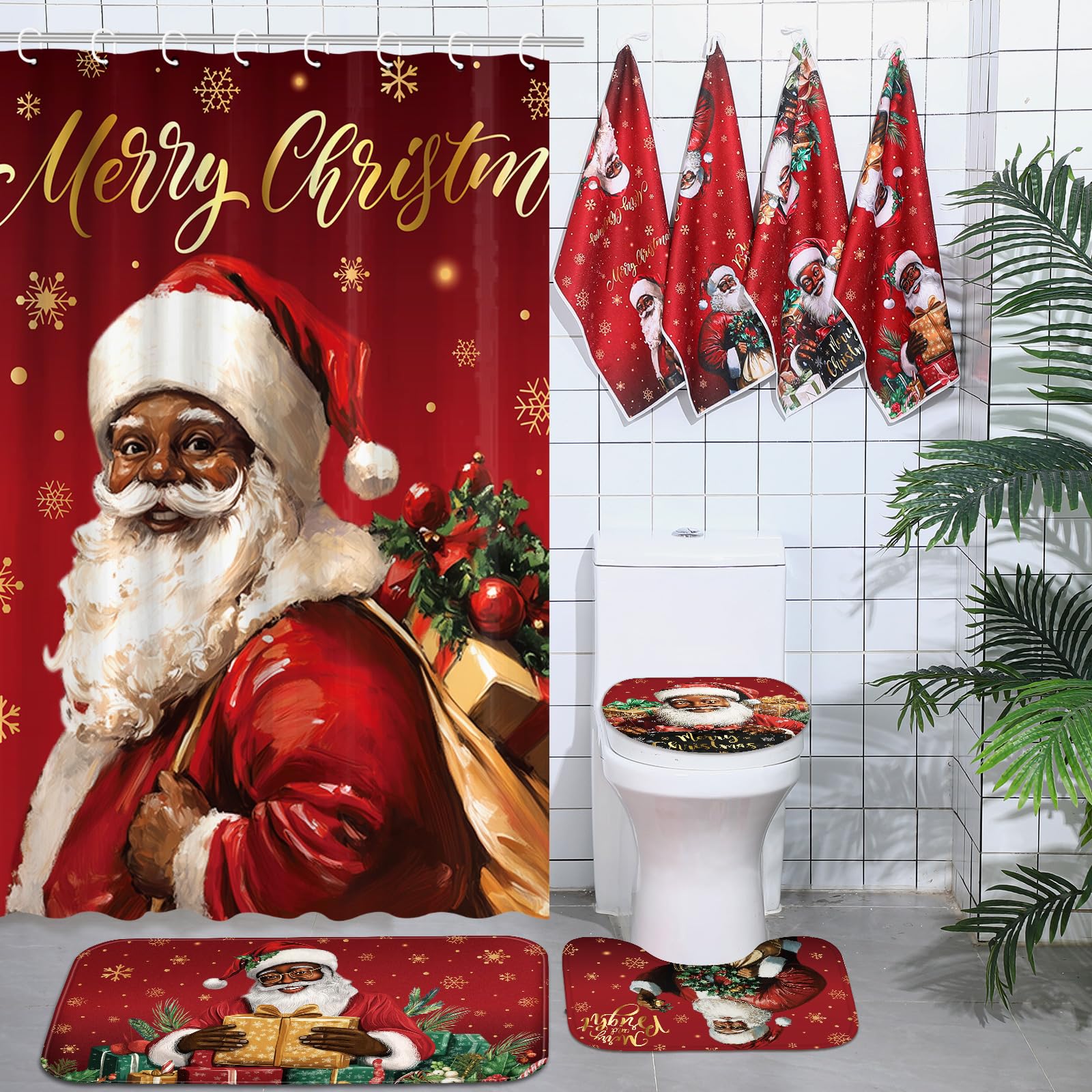 Honoson 8 Pcs Christmas Black Santa Claus Shower Curtain Set With Rugs And Kitchen Towels African American Retro Christmas Bathr