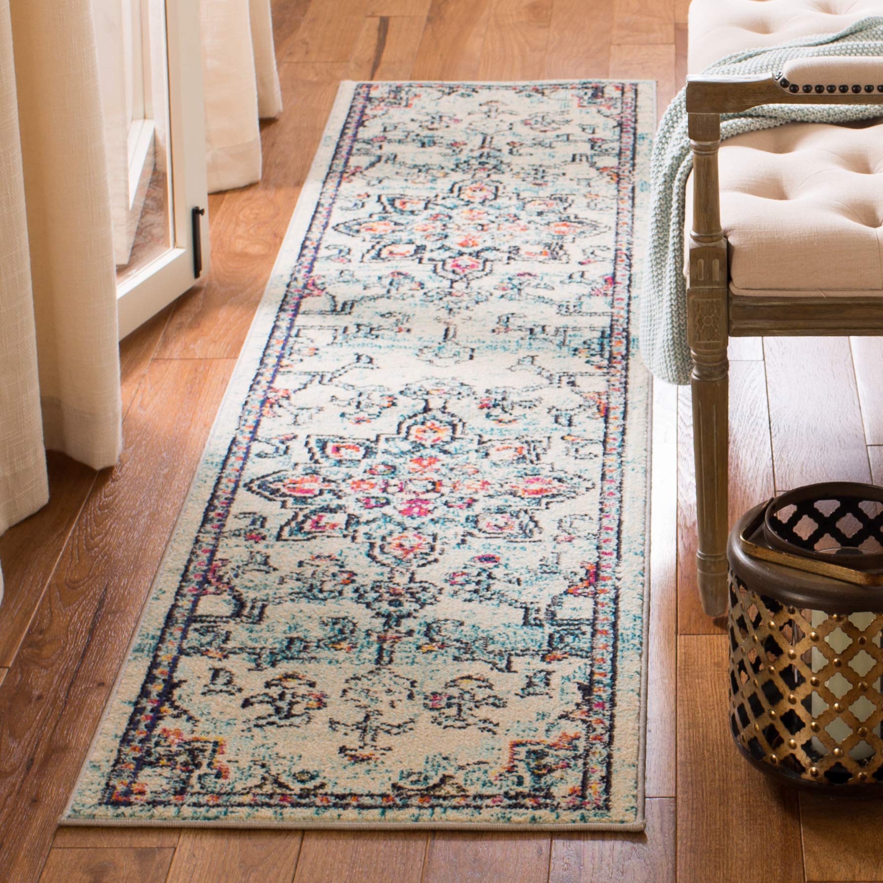 SAFAVIEH Madison Collection Runner Rug - 22 x 10, Cream & Blue, Boho Chic Medallion Distressed Design, Non-Shedding & Easy Car