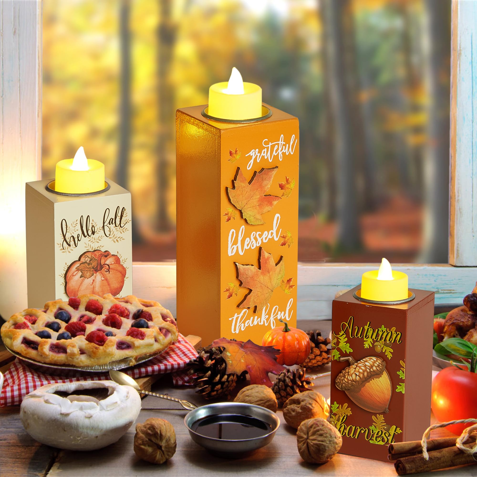 BlcTec Fall Decorations for Home 3 PCS Wood Candle Holders with LED Tea Lights & 3D Carving Craft, Rustic Candle Centerpieces fo