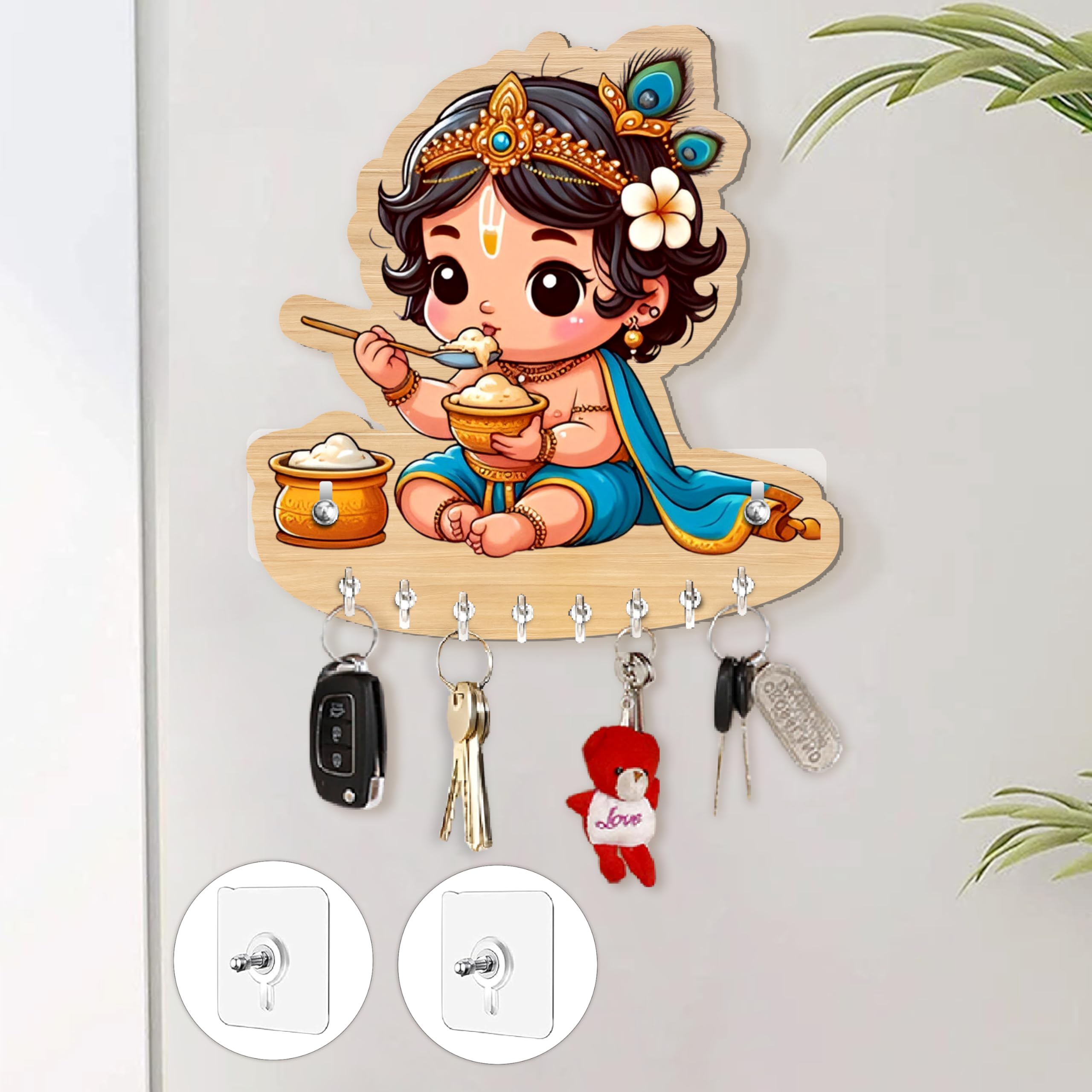 Rousrie Baby Krishna Key Holder for Home Without Drill for Home Decor Stylish, Brown Wooden, NoDrill Decorative Design, Modern 