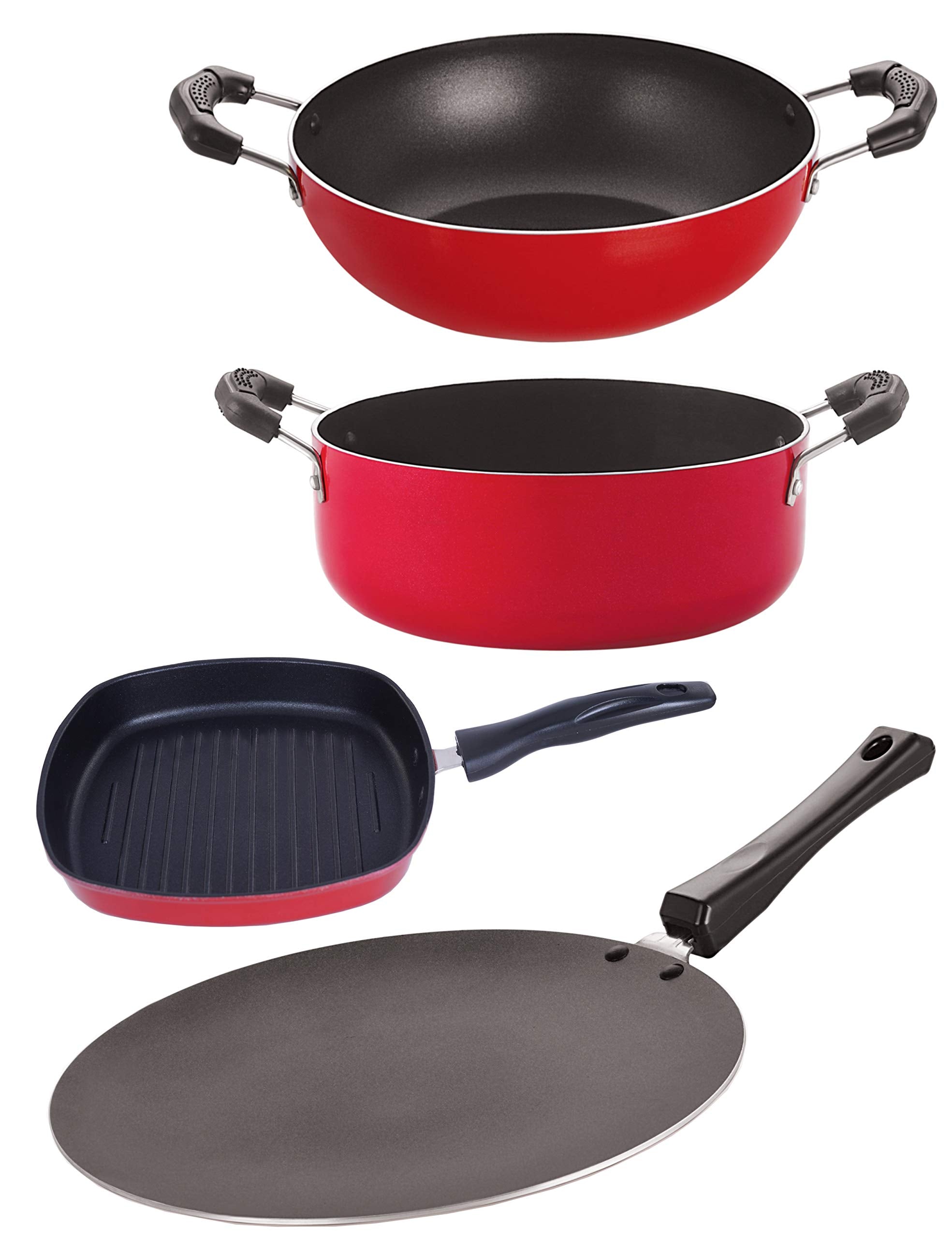 Nonstick Cookware Pots & Pan Gift 4 Pieces Set With Bakelite Handle (1 Concave Tawa 27.5Cm /1 Kadhai 2.5 Ltr/1 Grill Pan 22.5Cm/