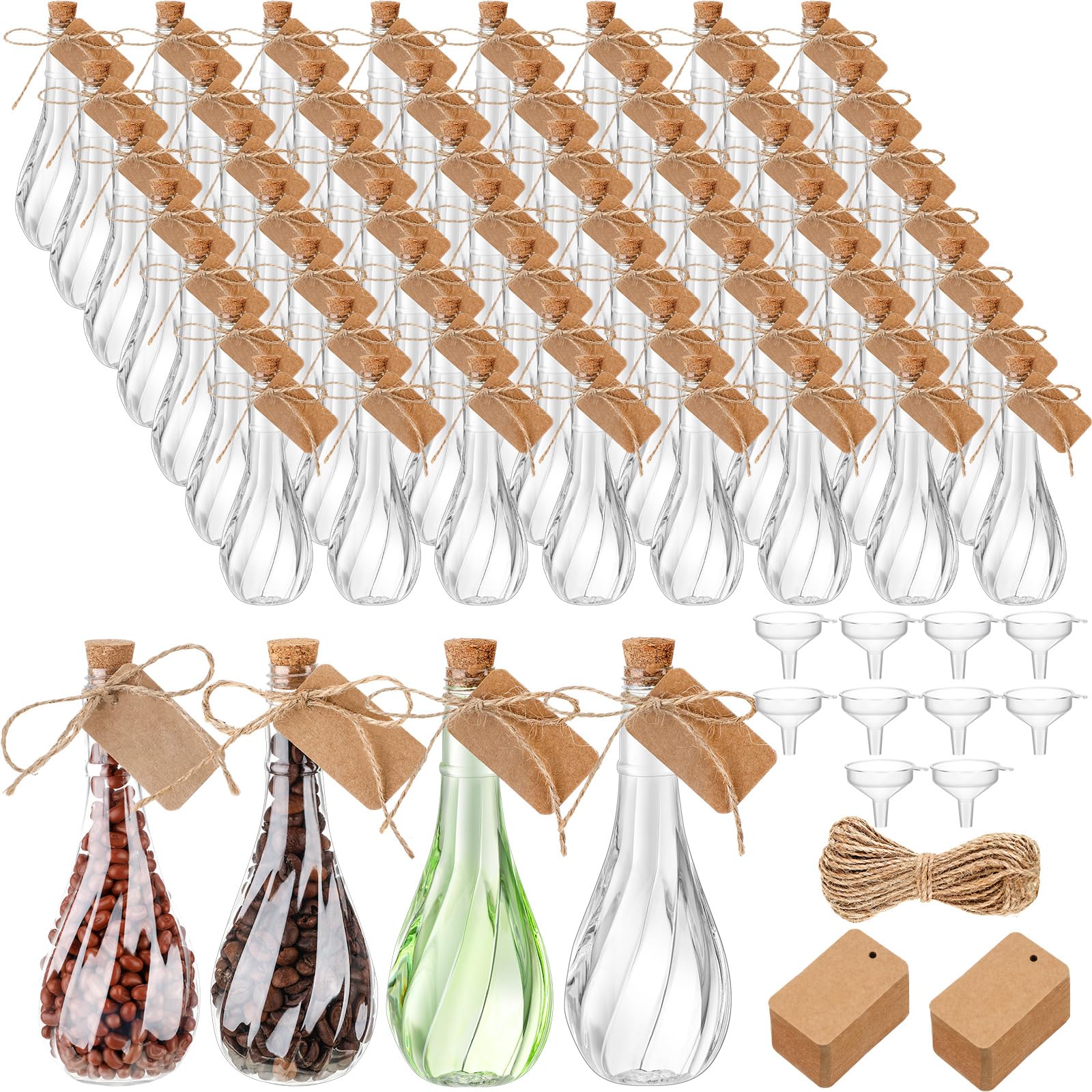 Lounsweer 60 Pack 5 oz Plastic Potion Bottles with Cork Stopper Caps Clear Sand Art Bottles with Twine and Tags Souvenir Jars Bu