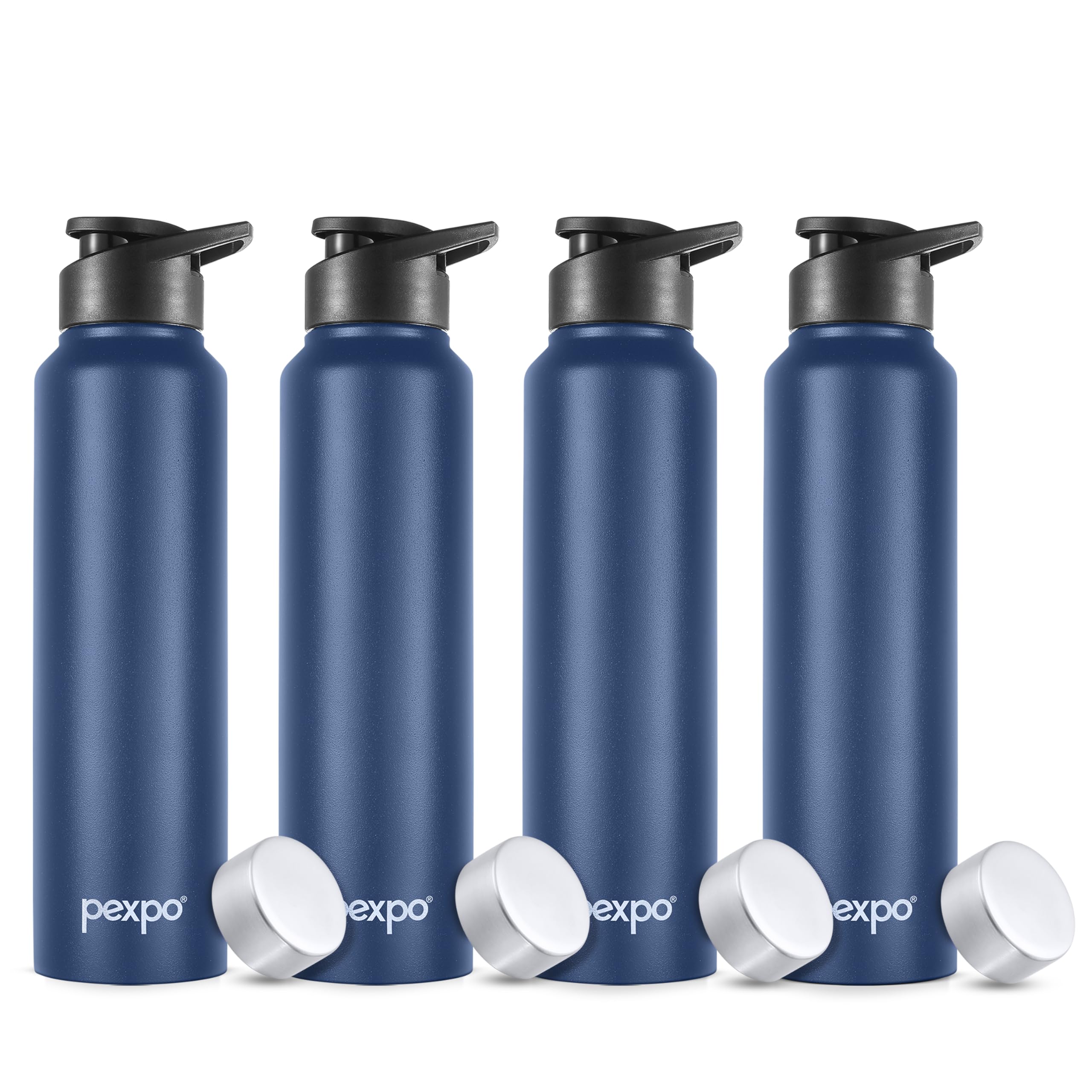 Pexpo Chromo Stainless Steel Sports/Fridge Water Bottle With Sipper & Steel Cap, 1 L, Denim Blue Pack Of 4|Eco Friendly|Bpa Free