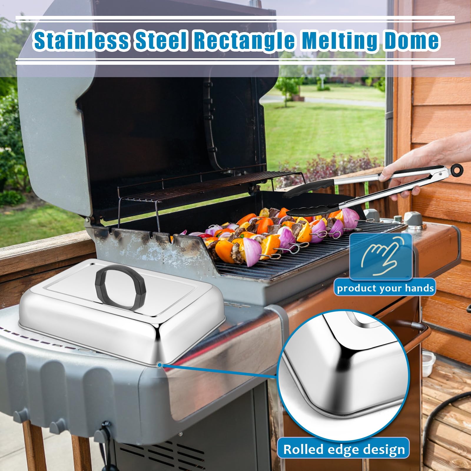 Hasteel Rectangular Basting Cover, Stainless Steel Cheese Melting Dome Steaming Cover Lid, Heavy Duty Griddle Grill Accessories