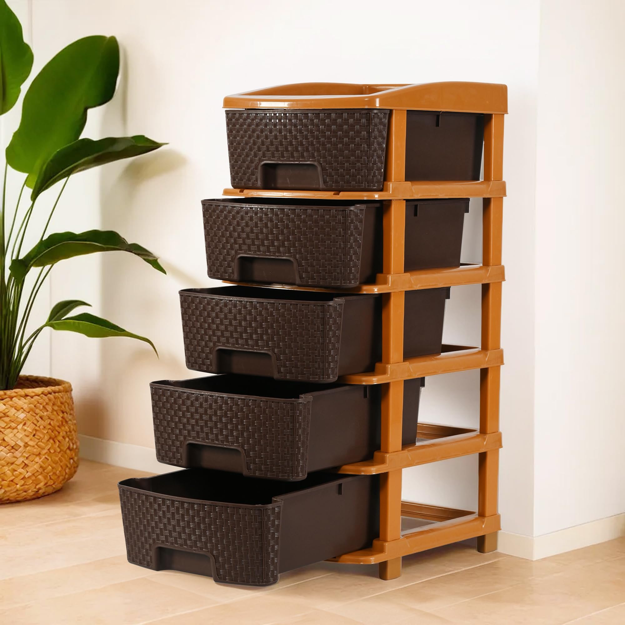 Kuber Industries 5Layer & 48 Ltr Plastic Drawer Storage Organiser | Modular Kitchen & Toy Organizer For Kids Room | Chocolate B