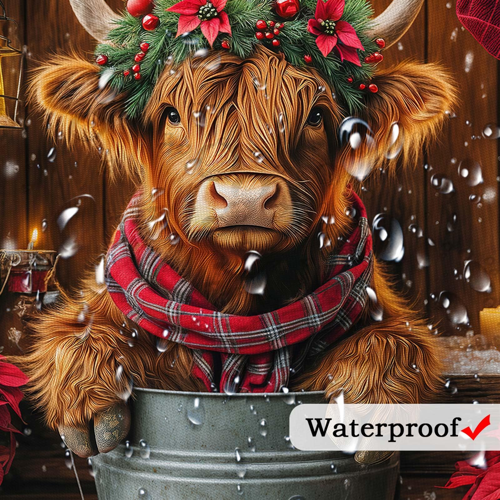 Jipusai Christmas Highland Cow Shower Curtain, Winter Funny Cow Rustic Western Farmhouse Brown Wood Board Shower Curtain Set Bat