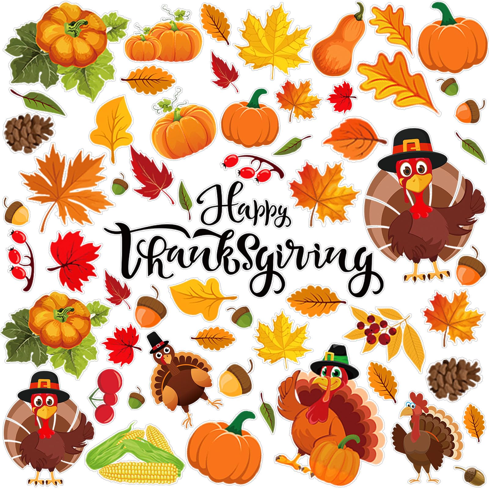 Tellingyou 63 Pcs Thanksgiving Gel Window Cling Harvest Window Thick Gel Stickers Fall Turkey Pumpkin Maple Leaves Removable Dec