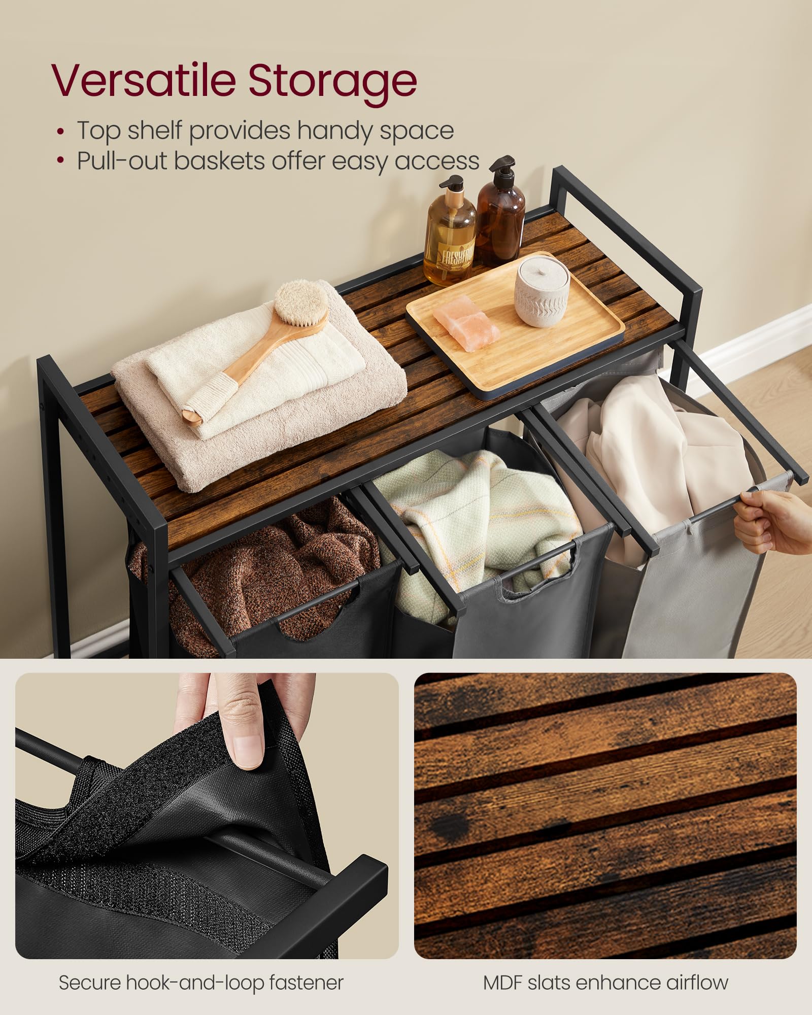 Vasagle Laundry Hamper, Laundry Basket, Laundry Sorter With 3 Pull-Out And Removable Bags, Shelf, Metal Frame, 3 X 10.6 Gallons