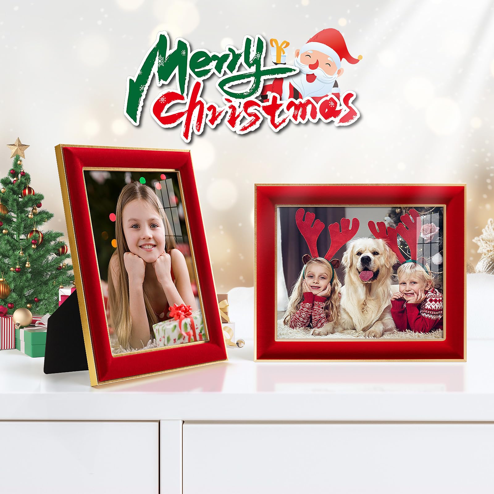 KSROECUD 8x10 Velvet Picture Frame with 2 Opening 4x6 Picture, HD Real Glass Red Velvet Photo Frame with Black White Border Mat,