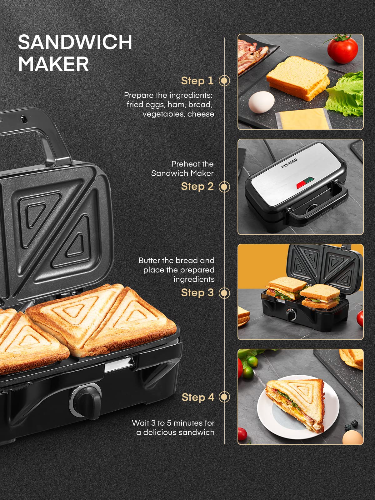 FOHERE 3-in-1 Waffle Maker & Sandwich Press, 1200W, Non-stick, Removable Plates, Silver/Black, Model AN-780