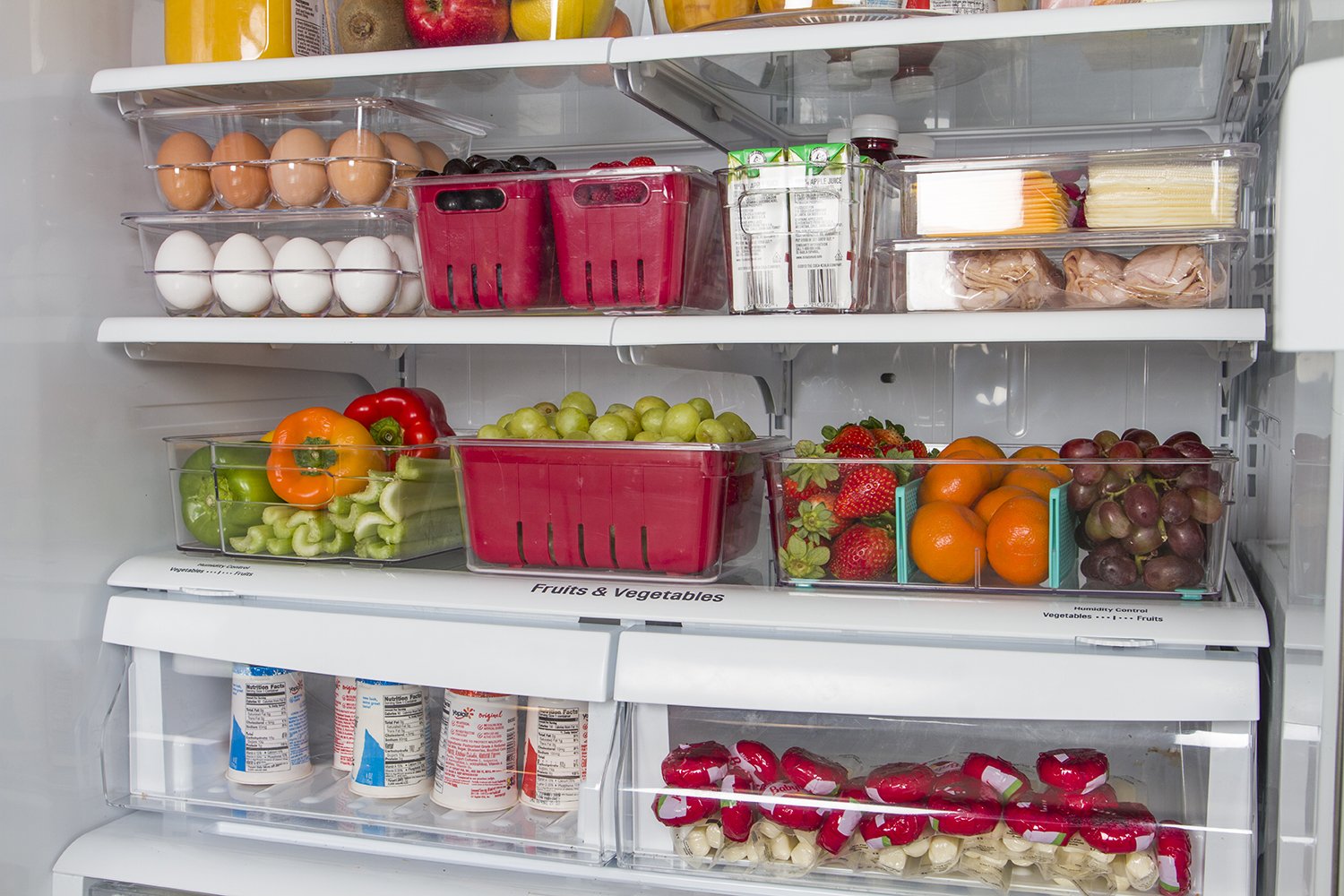 Kitchen Spaces KSCB12-AMZ Colander Bin Stackable Food Storage Organizer for Fridge  Freezer  and Pantry  8.8'' x 6.8'' x 3.9''  Red & Clear