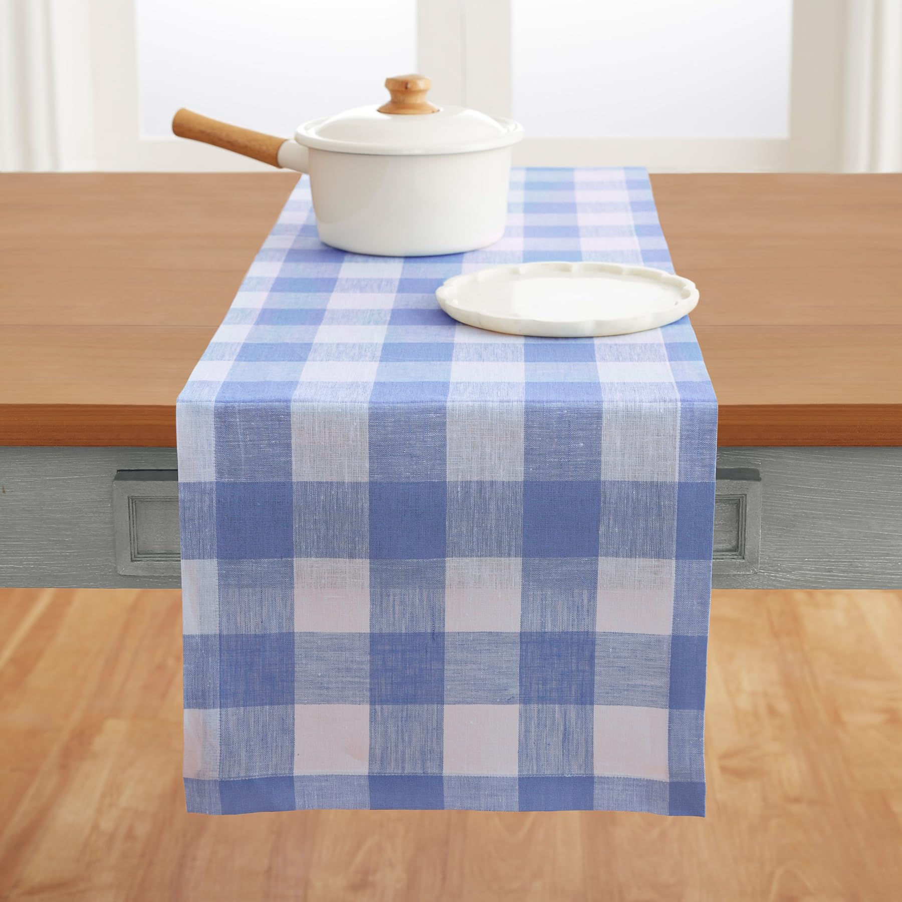 Solino Home Buffalo Check Linen Table Runner 72 Inches Long - 100% Pure Linen Hydrangea Blue Plaid Table Runner 14 X 72 Inch Ide