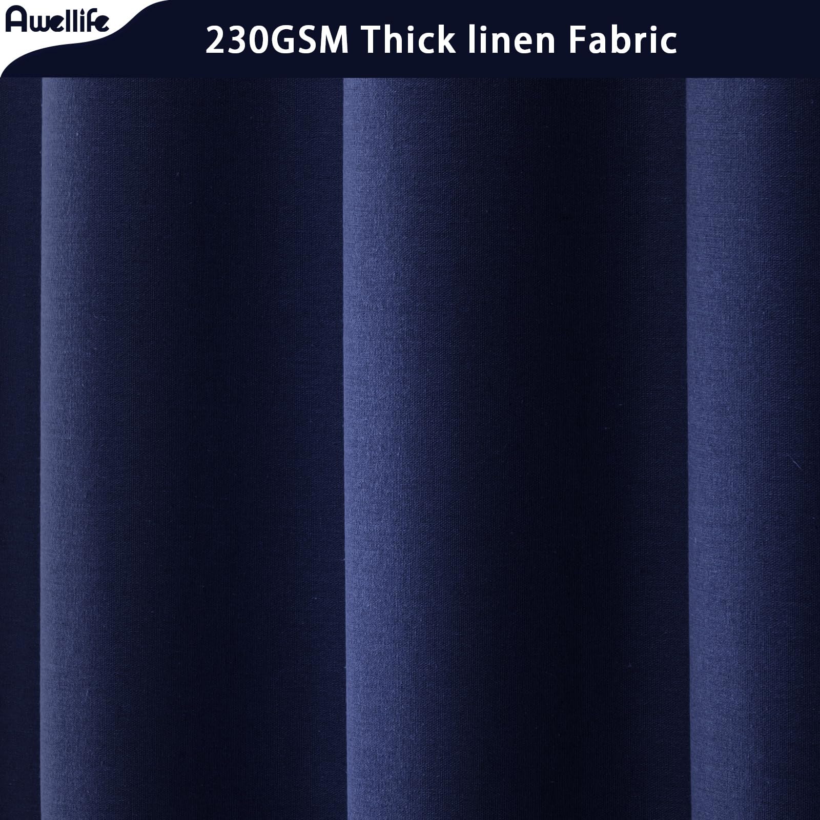 Awellife Navy Blue Linen Shower Curtain For Bathroom Natural Cotton Cloth Fabric Farmhouse Boho Shower Curtain With 12 Durable H